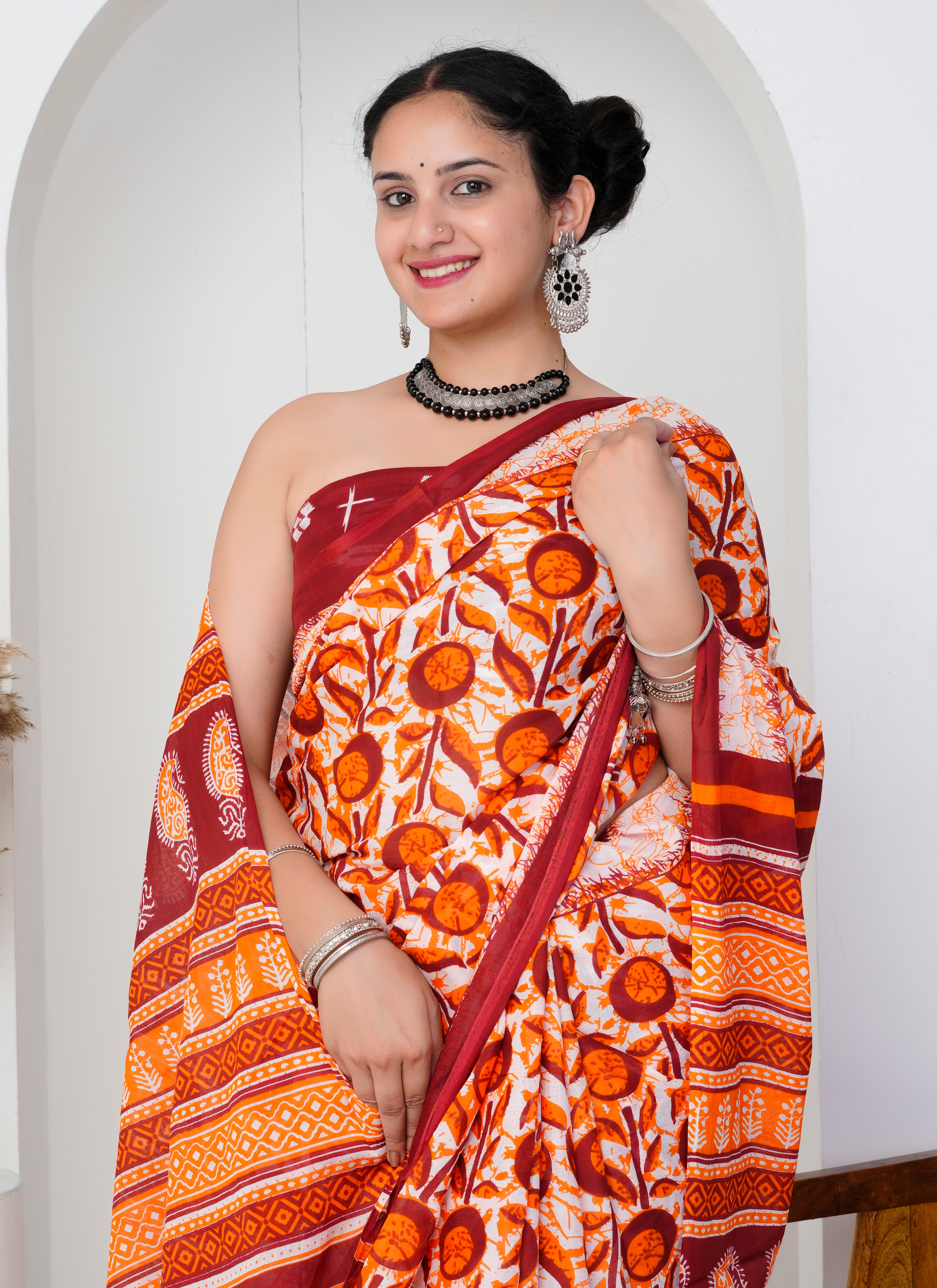 Orange and Maroon Floral Printed Cotton Saree