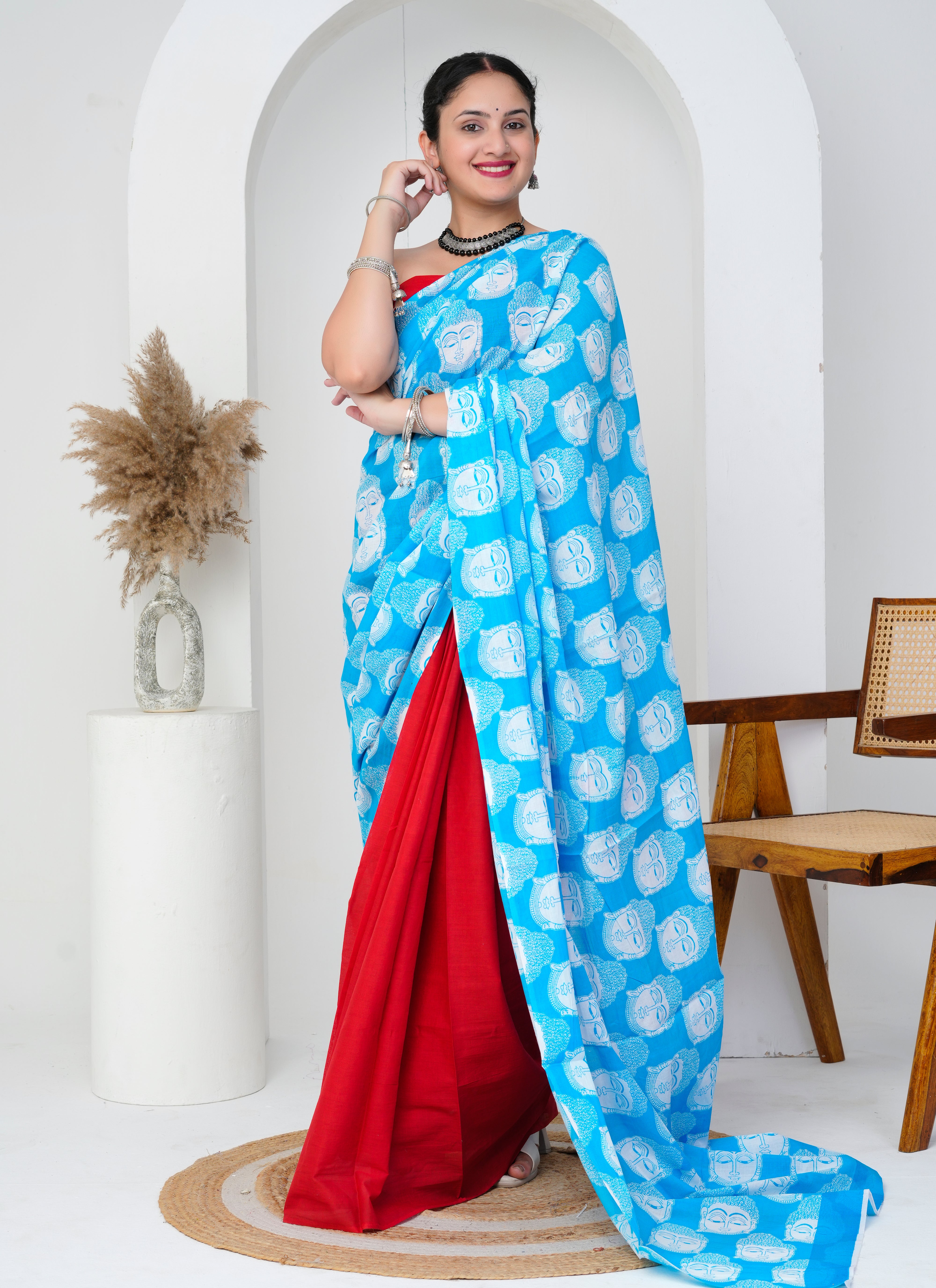 Red and Blue Buddha Print Cotton Saree