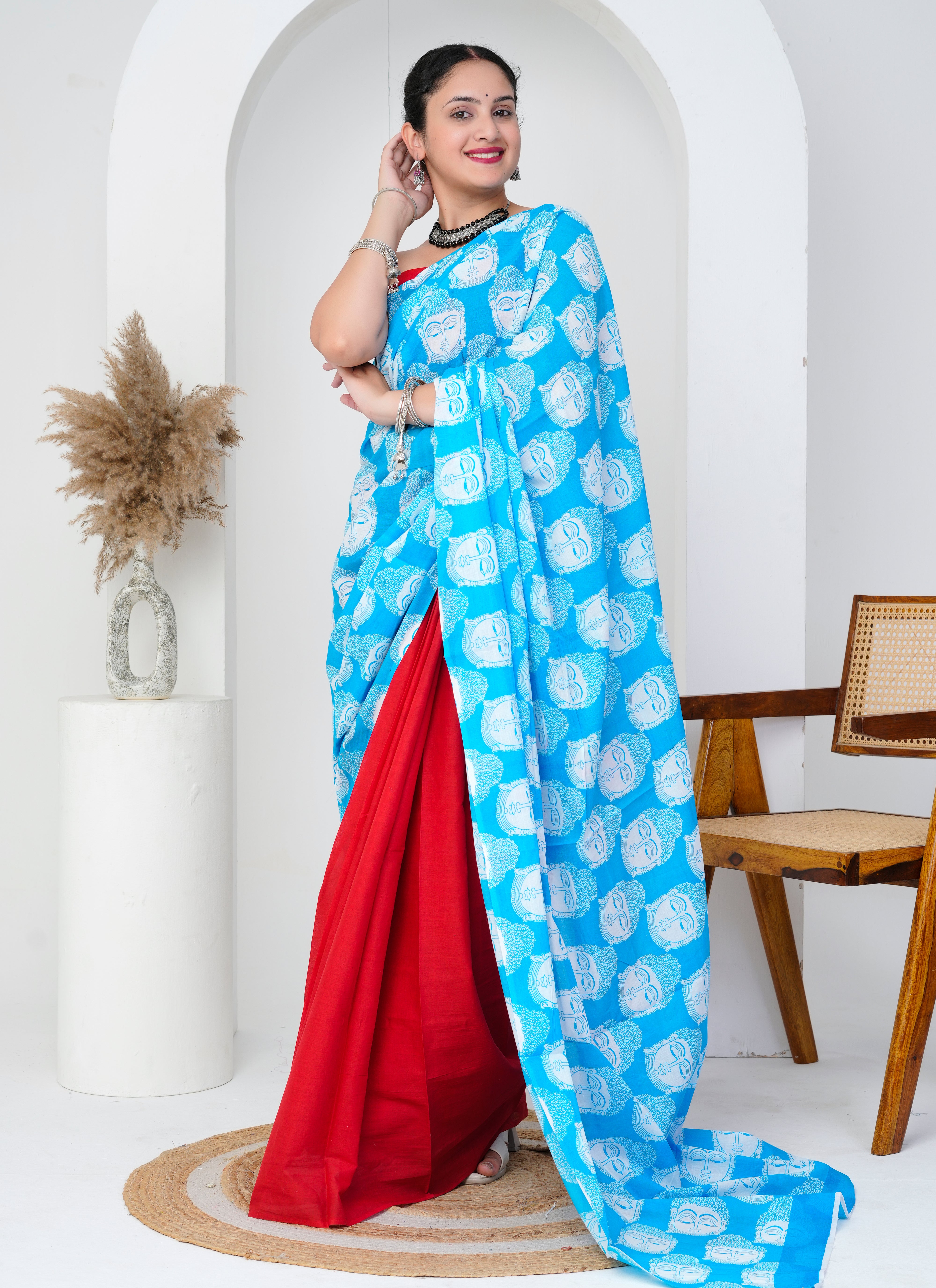 Red and Blue Buddha Print Cotton Saree