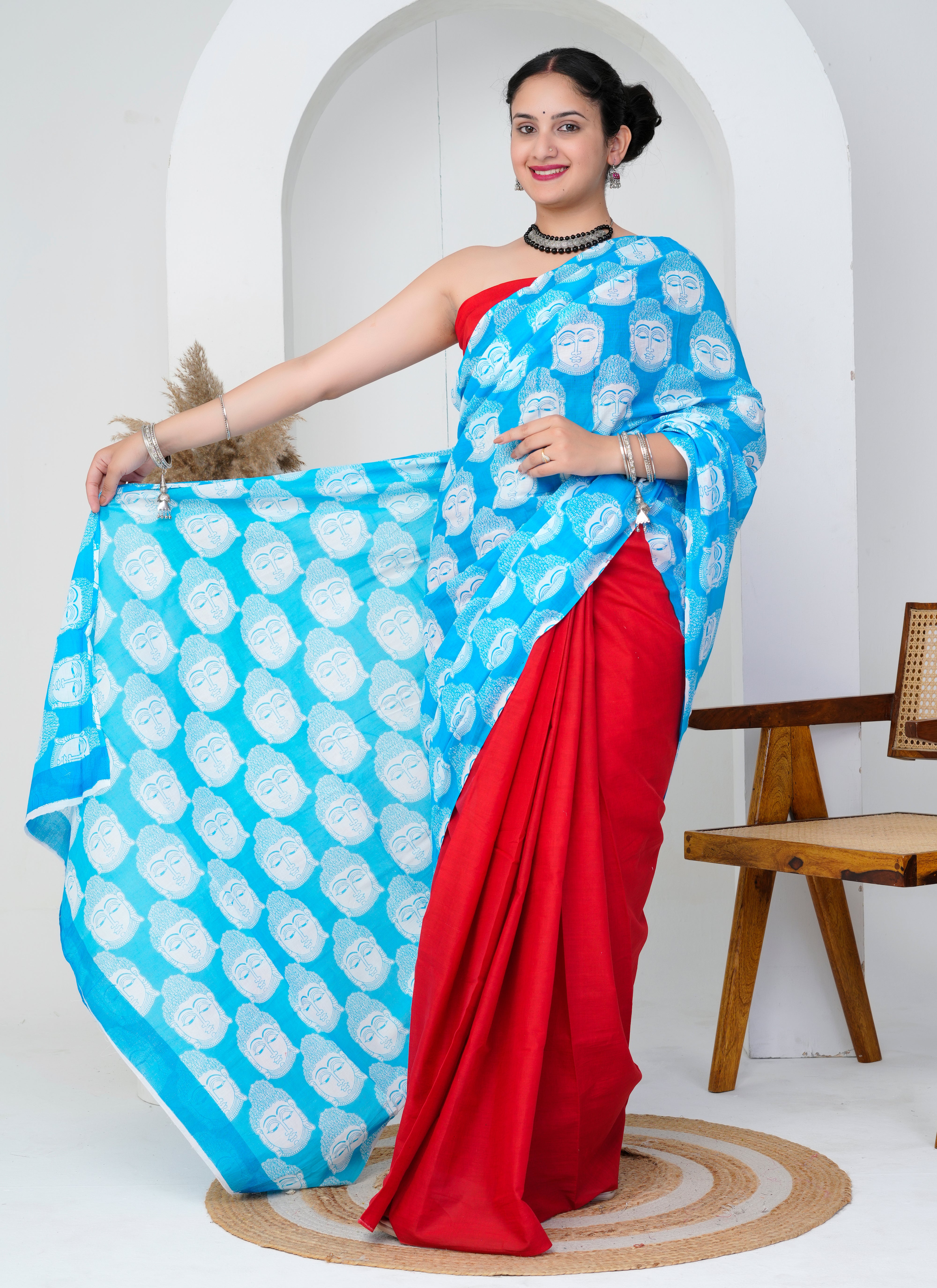 Red and Blue Buddha Print Cotton Saree