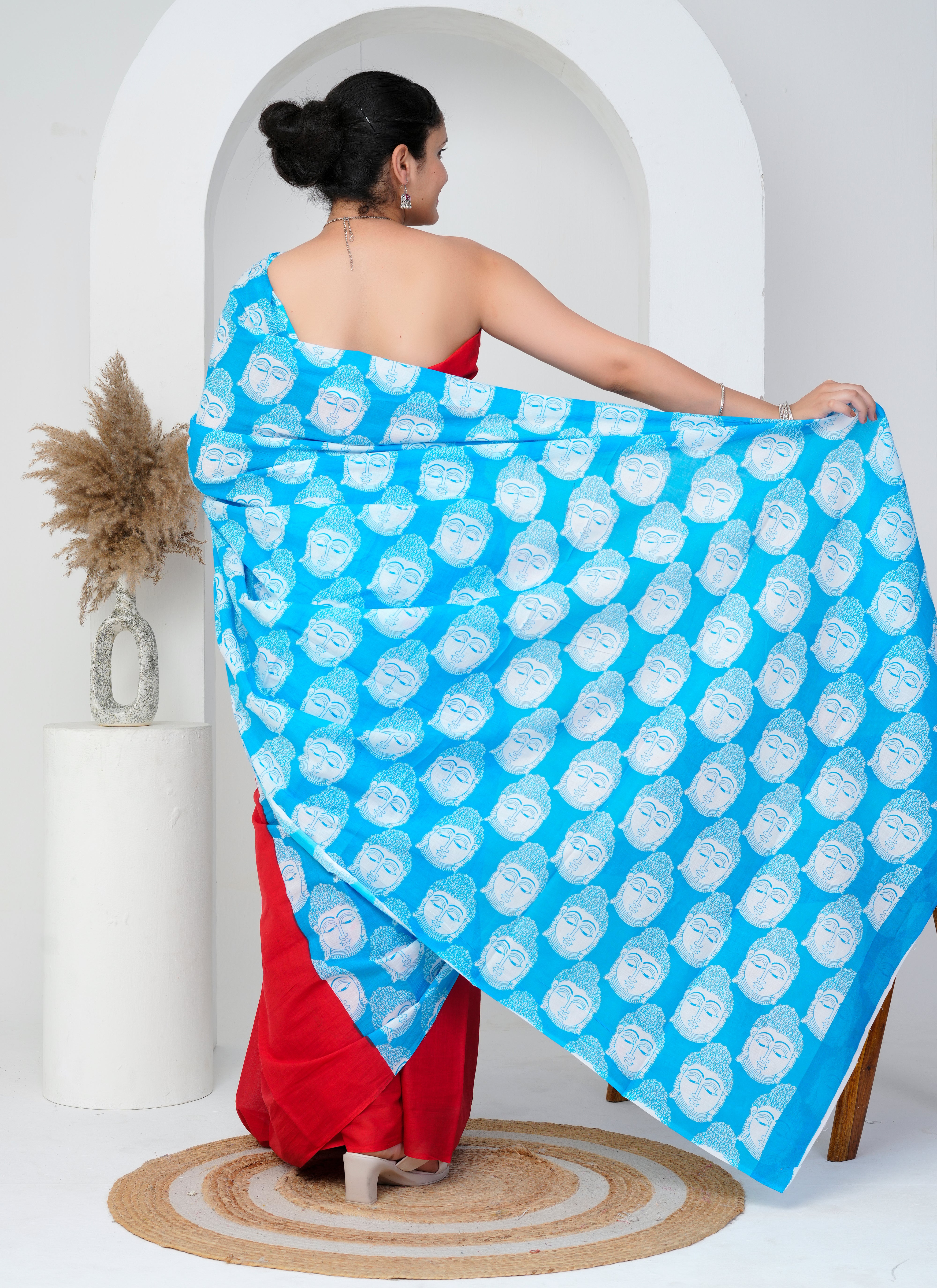 Red and Blue Buddha Print Cotton Saree