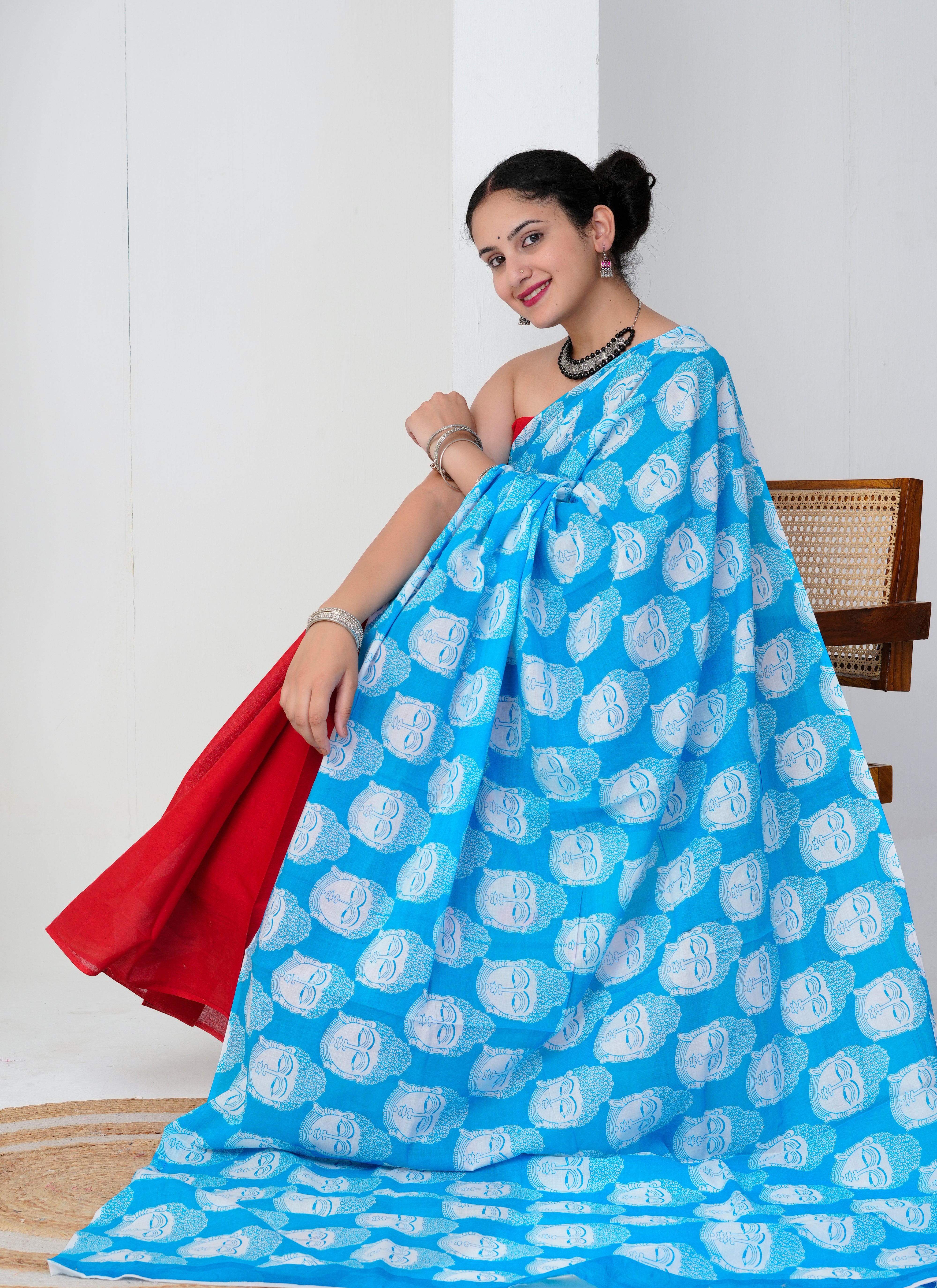 Red and Blue Buddha Print Cotton Saree