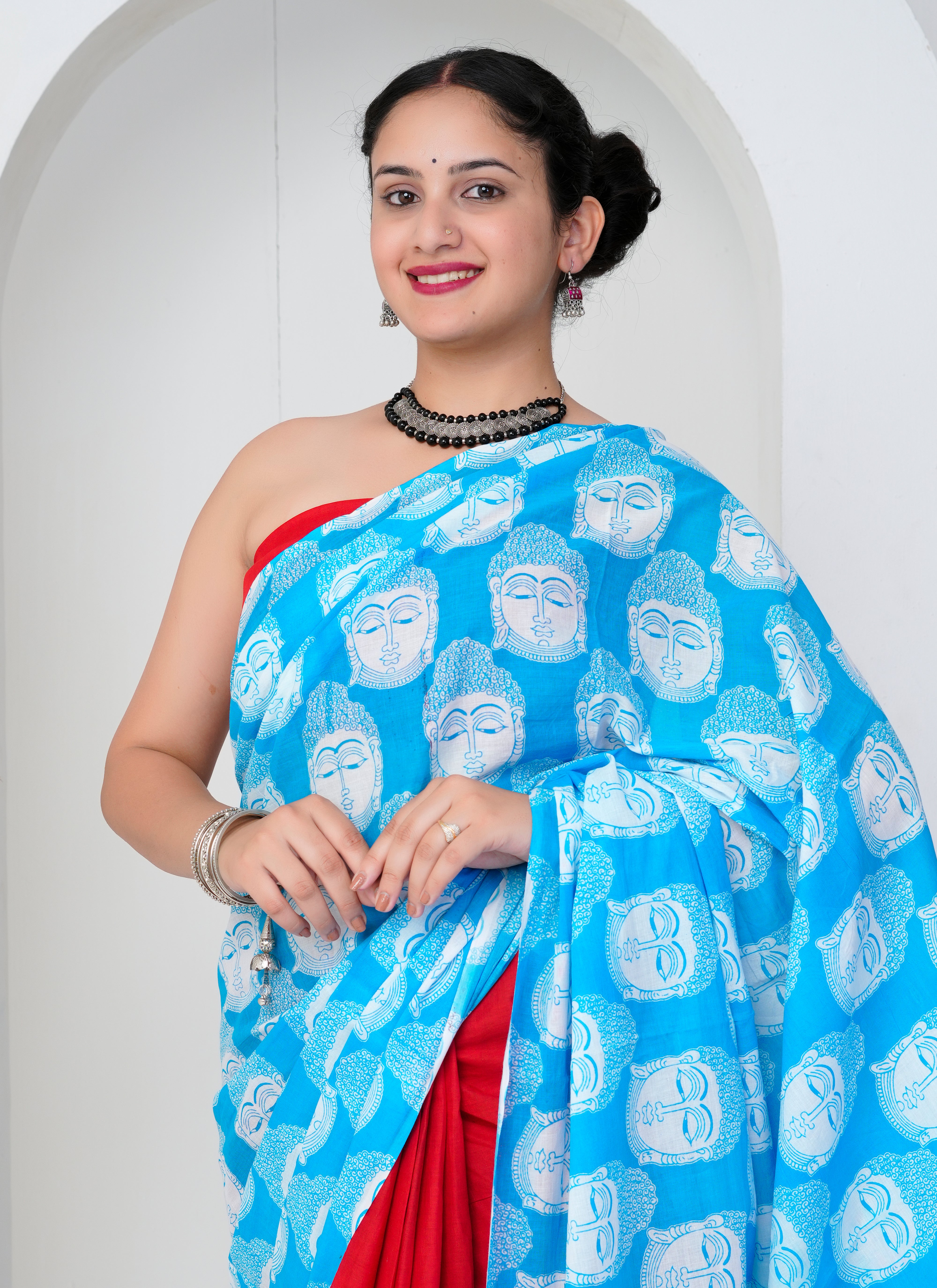 Red and Blue Buddha Print Cotton Saree