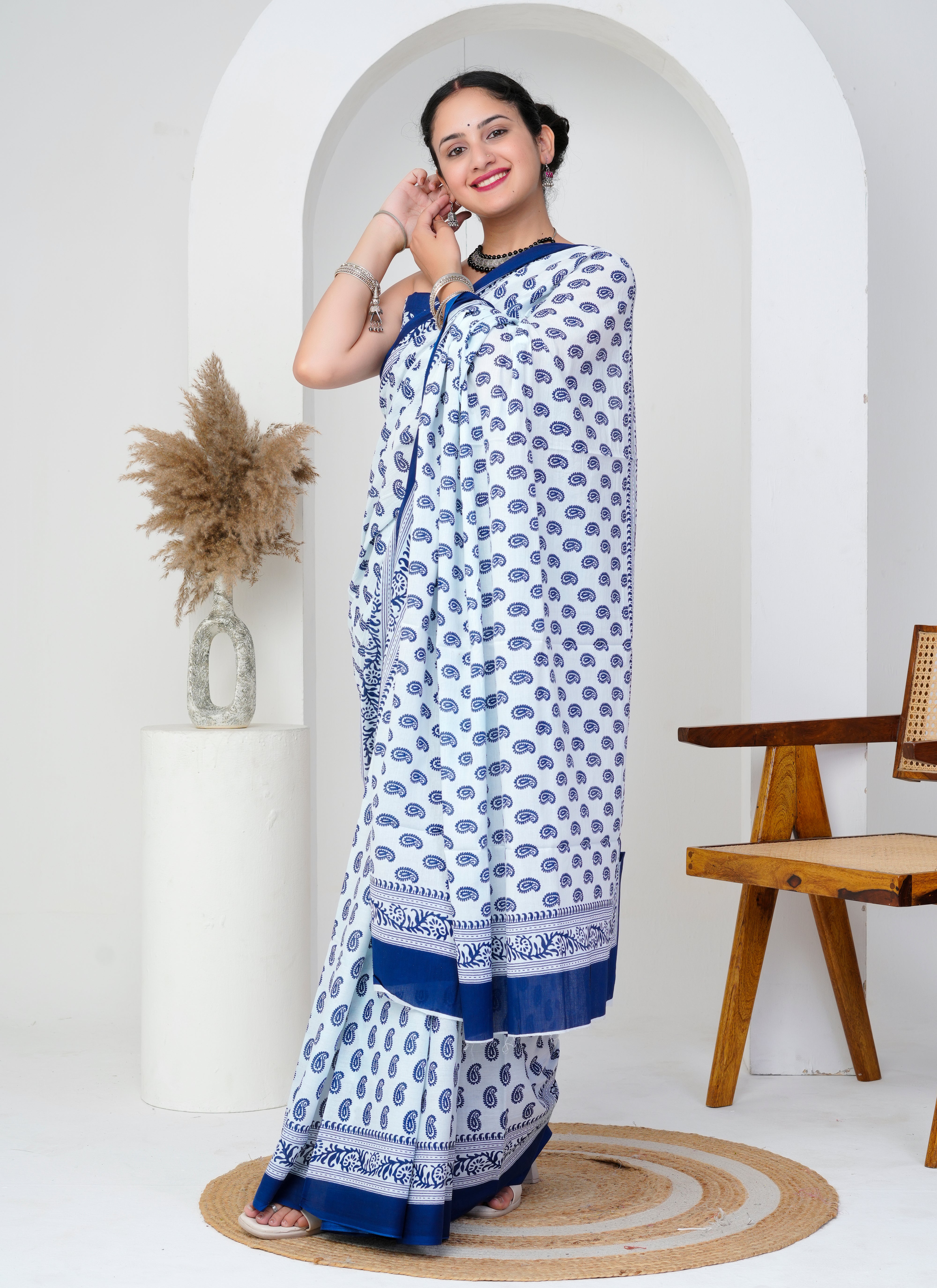White and Blue Paisley Print Cotton Saree