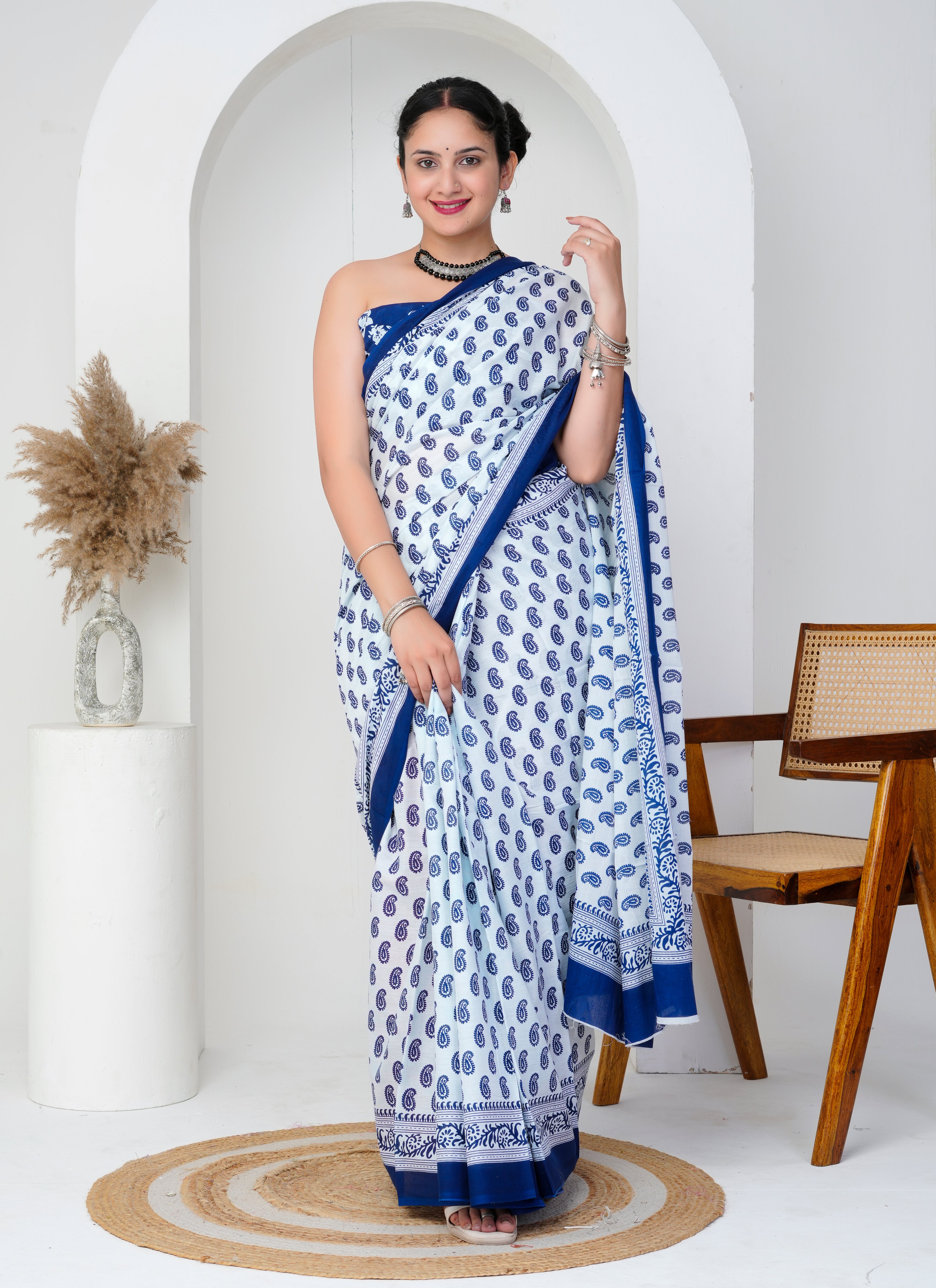 White and Blue Paisley Print Cotton Saree