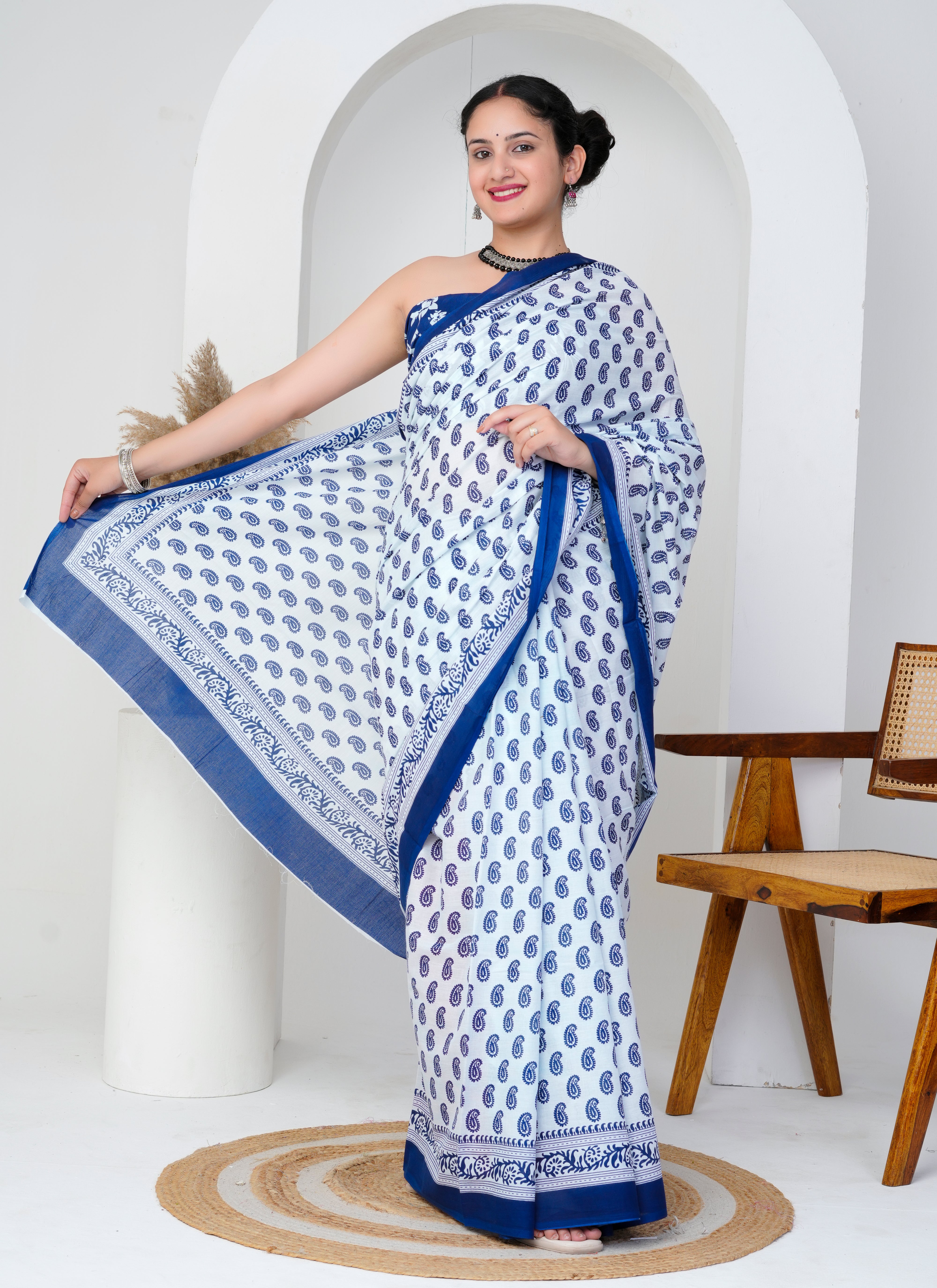 White and Blue Paisley Print Cotton Saree