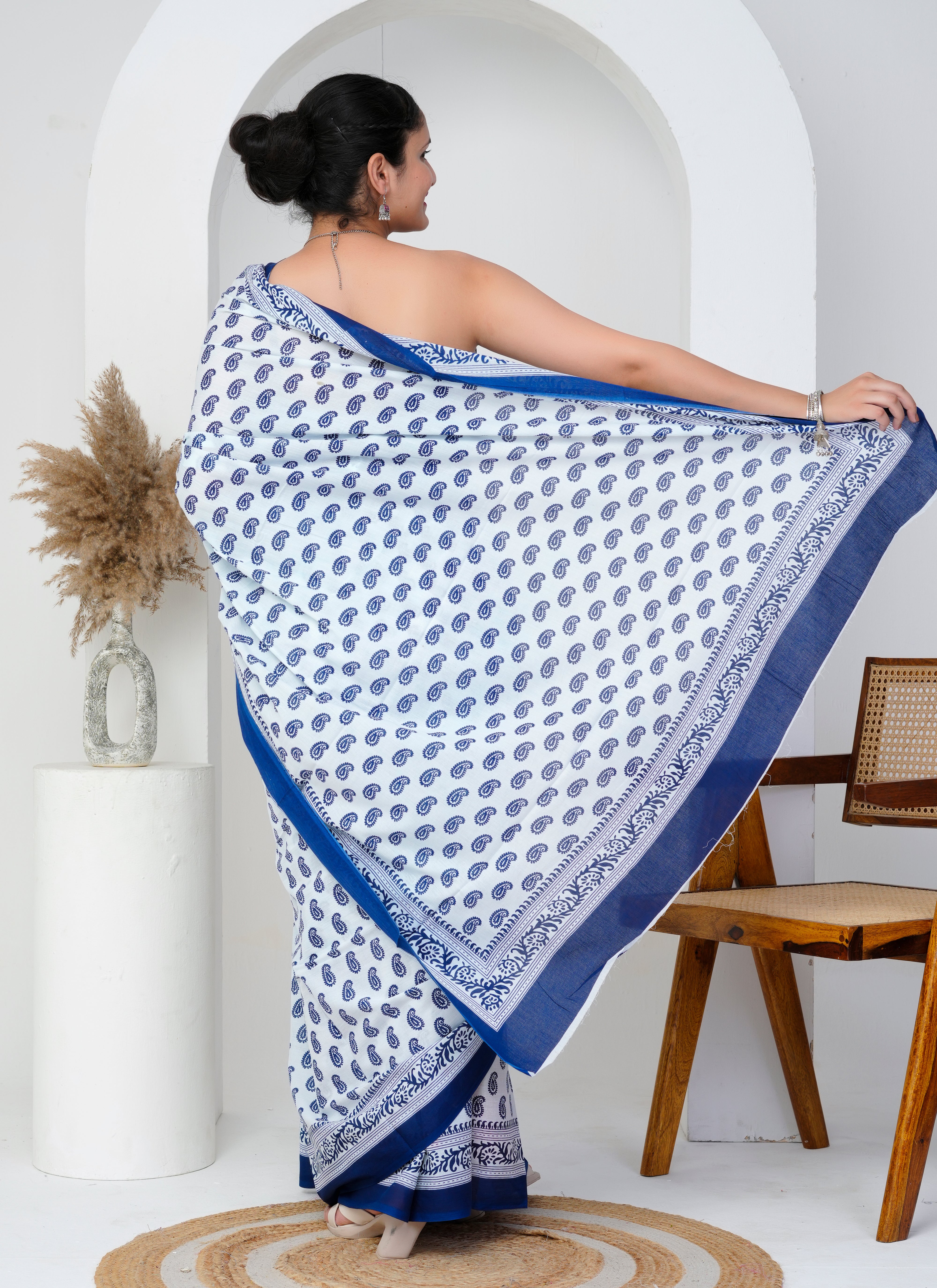 White and Blue Paisley Print Cotton Saree