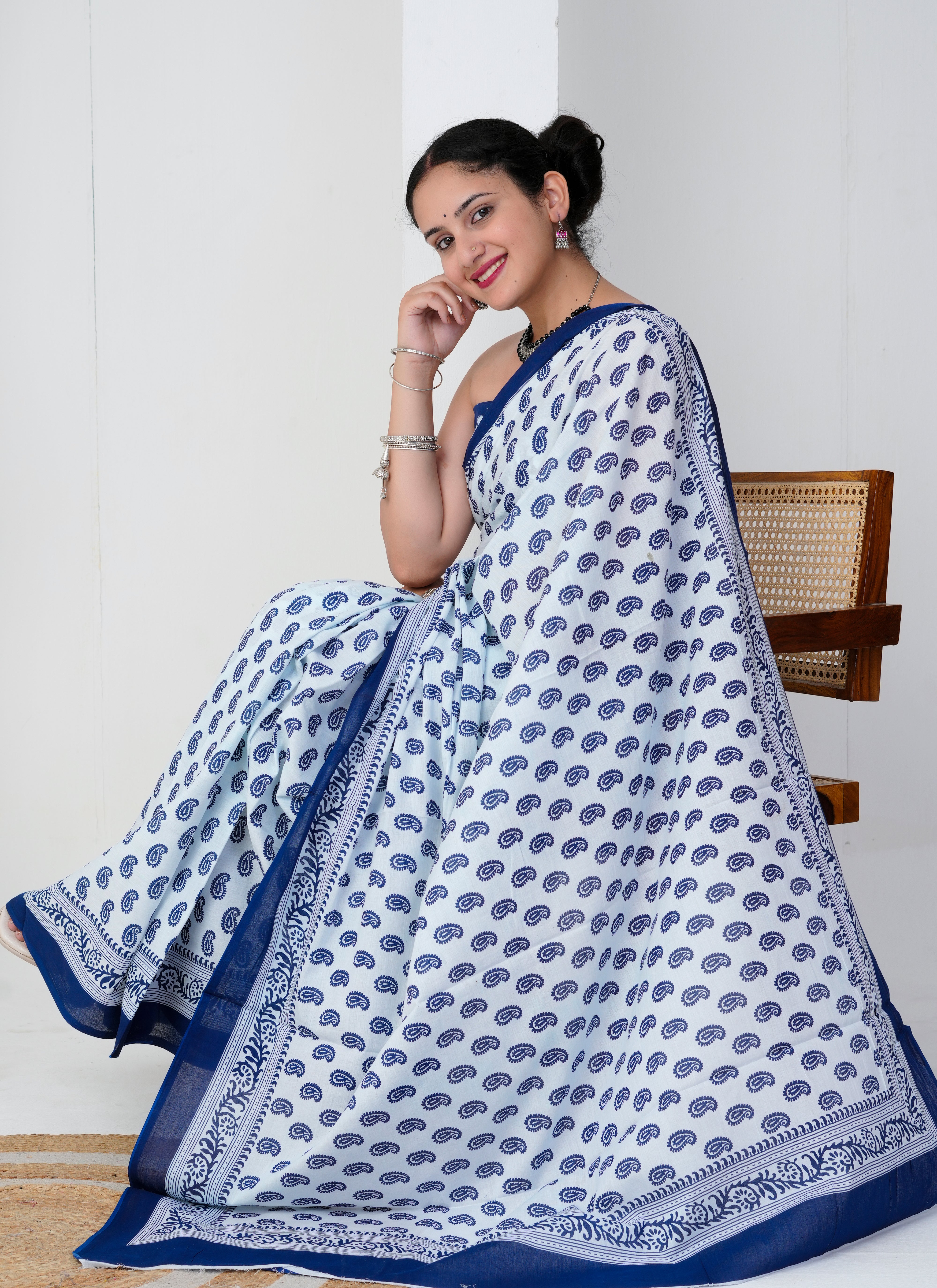 White and Blue Paisley Print Cotton Saree