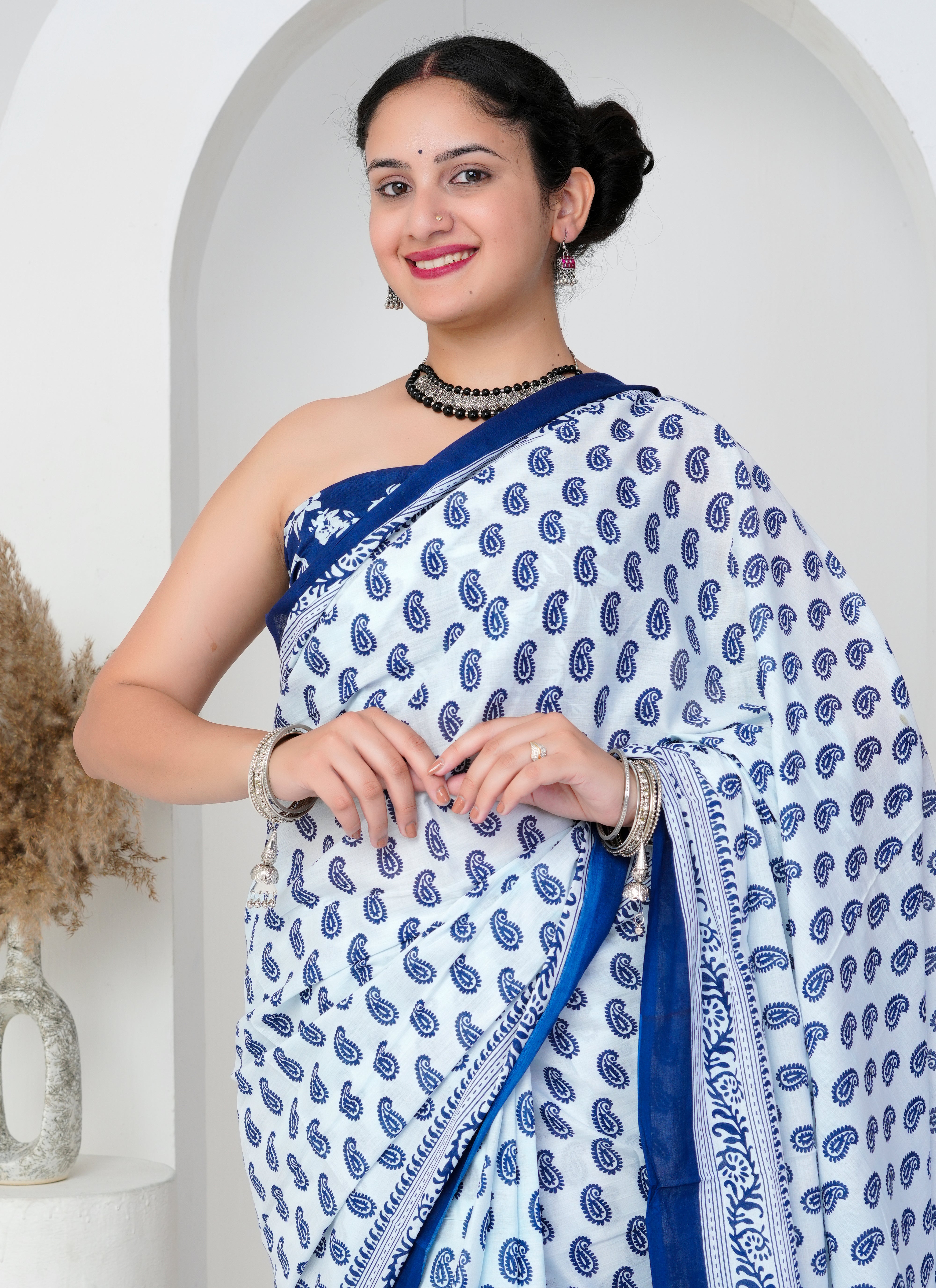 White and Blue Paisley Print Cotton Saree
