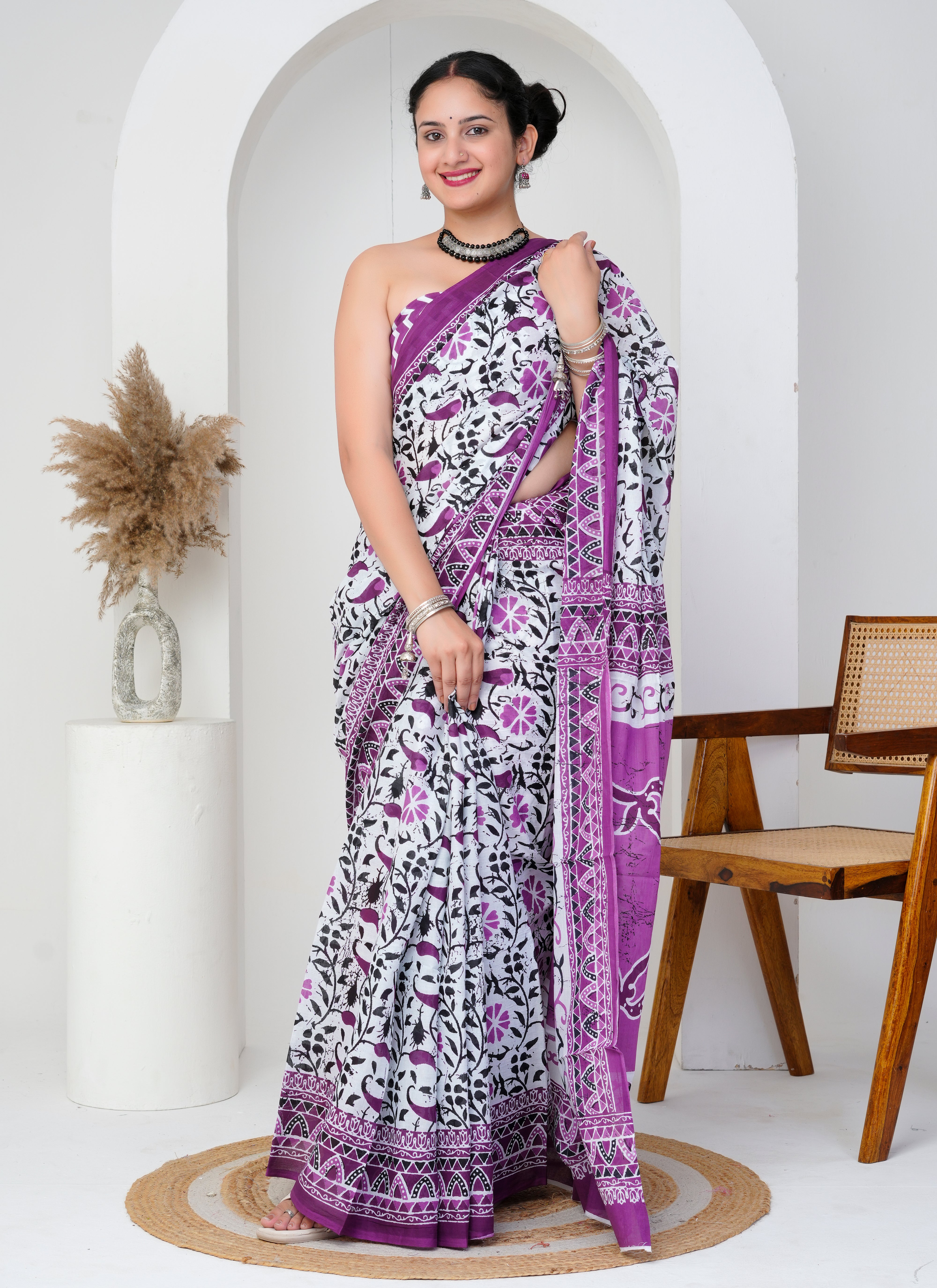 Purple and White Cotton Saree