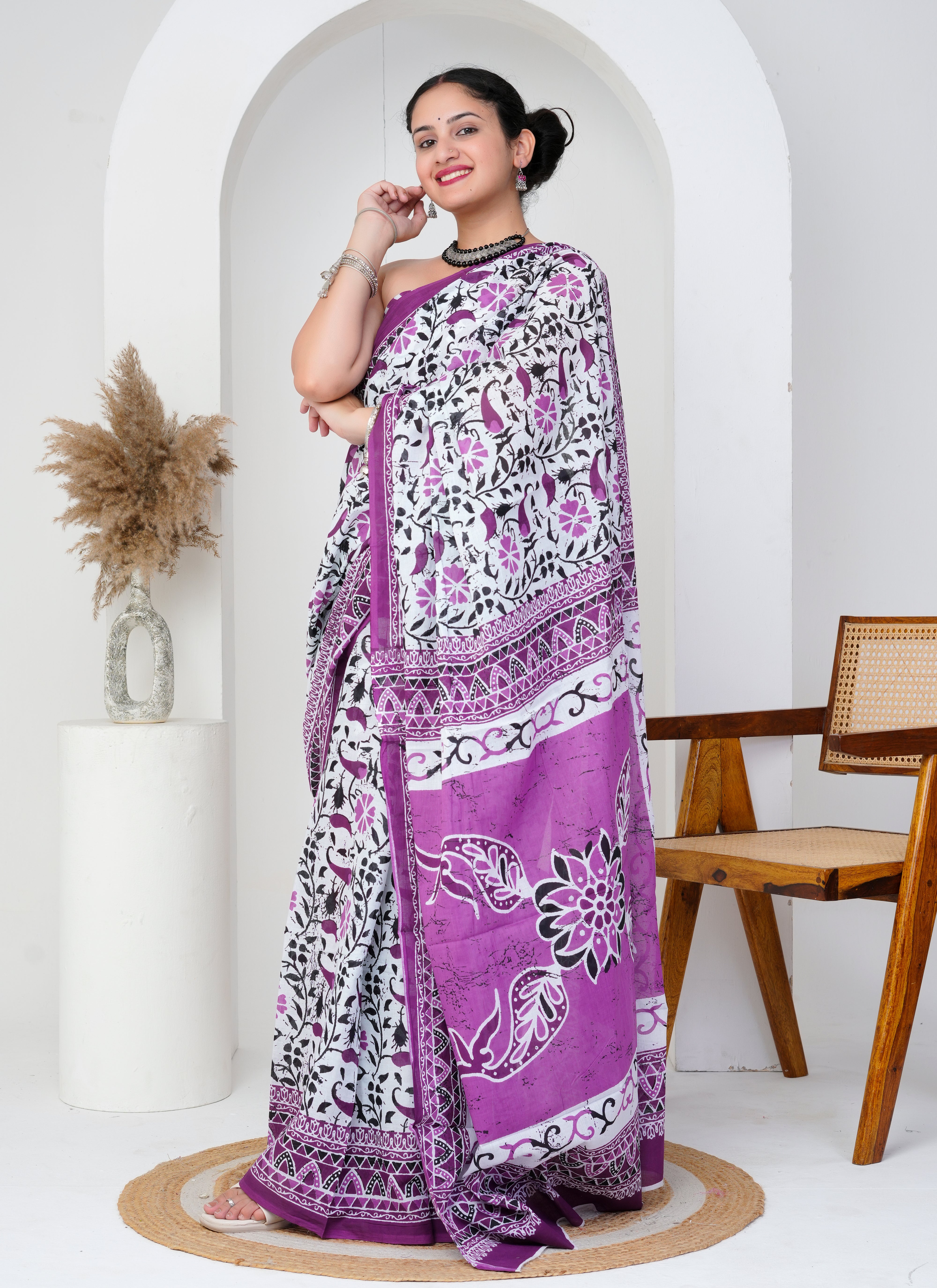 Purple and White Cotton Saree