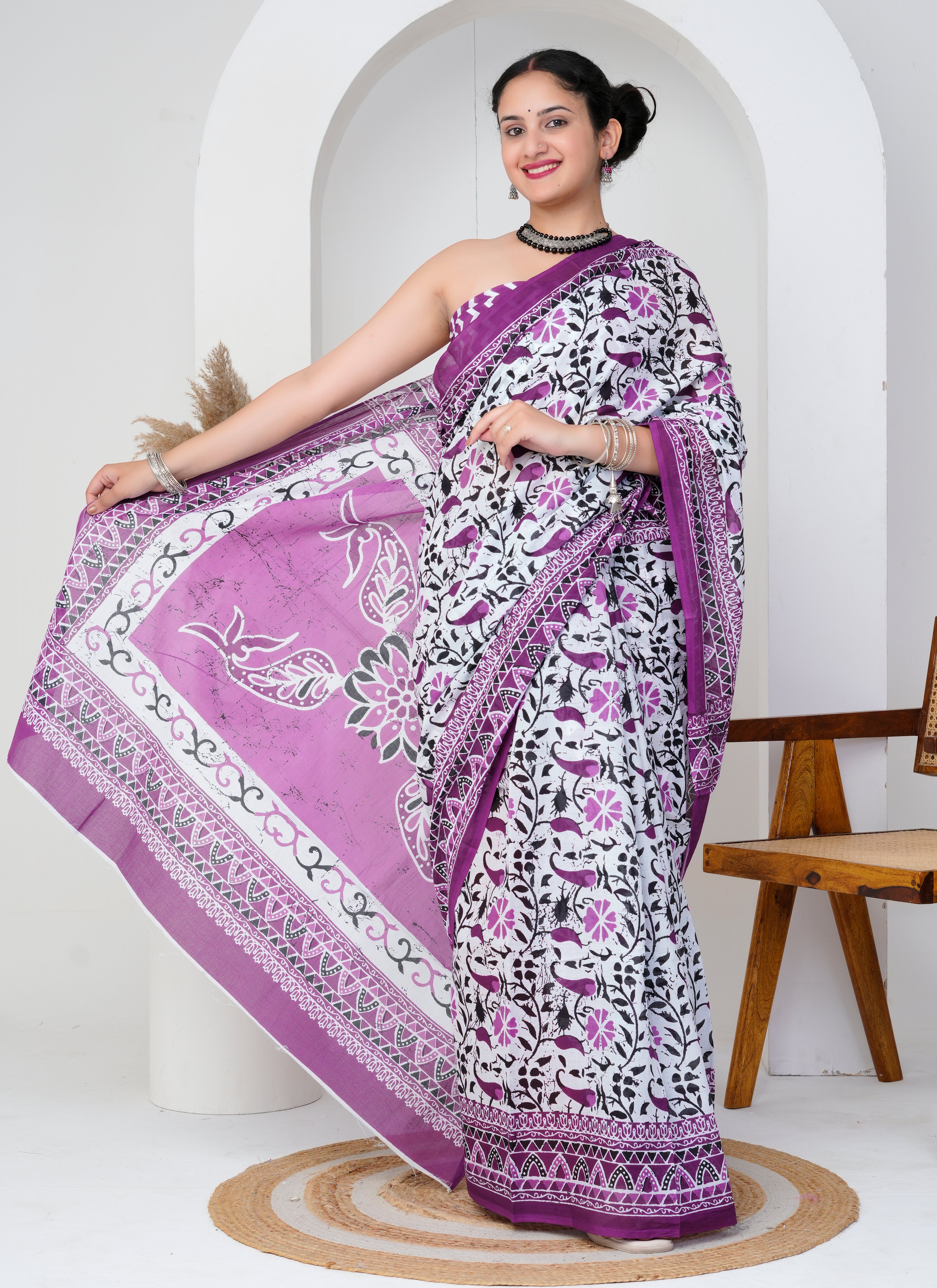 Purple and White Cotton Saree
