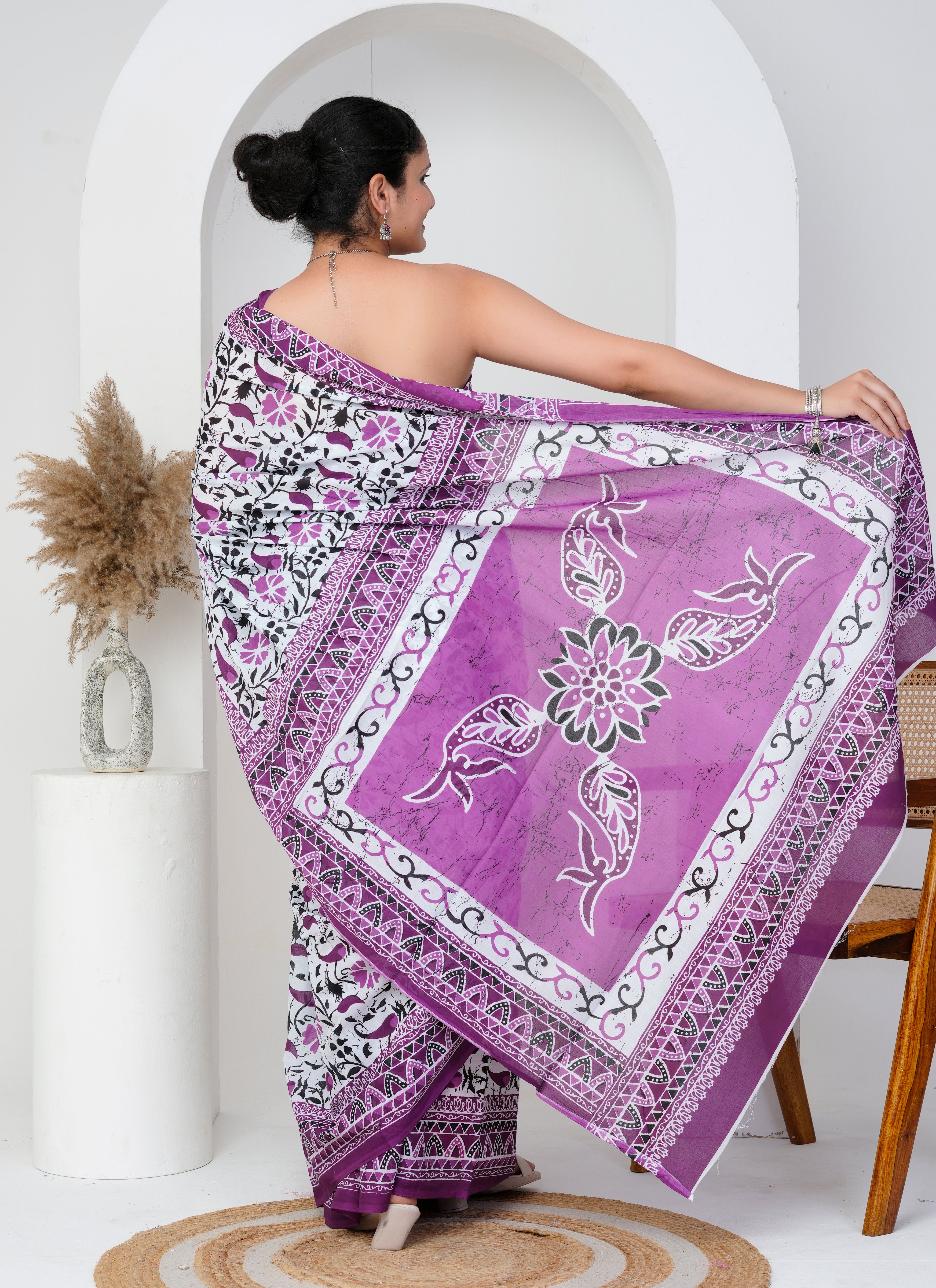 Purple and White Cotton Saree
