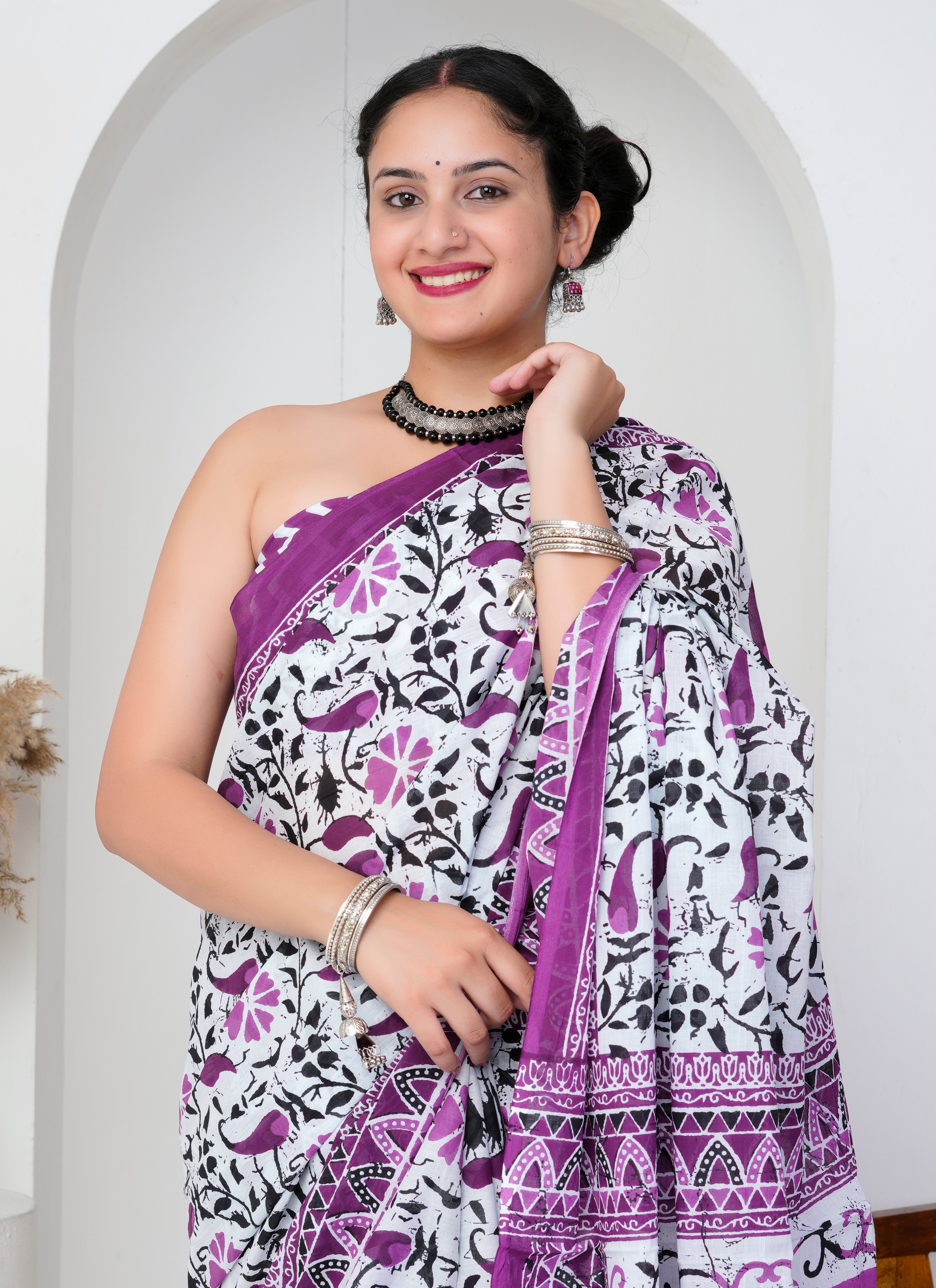 Purple and White Cotton Saree