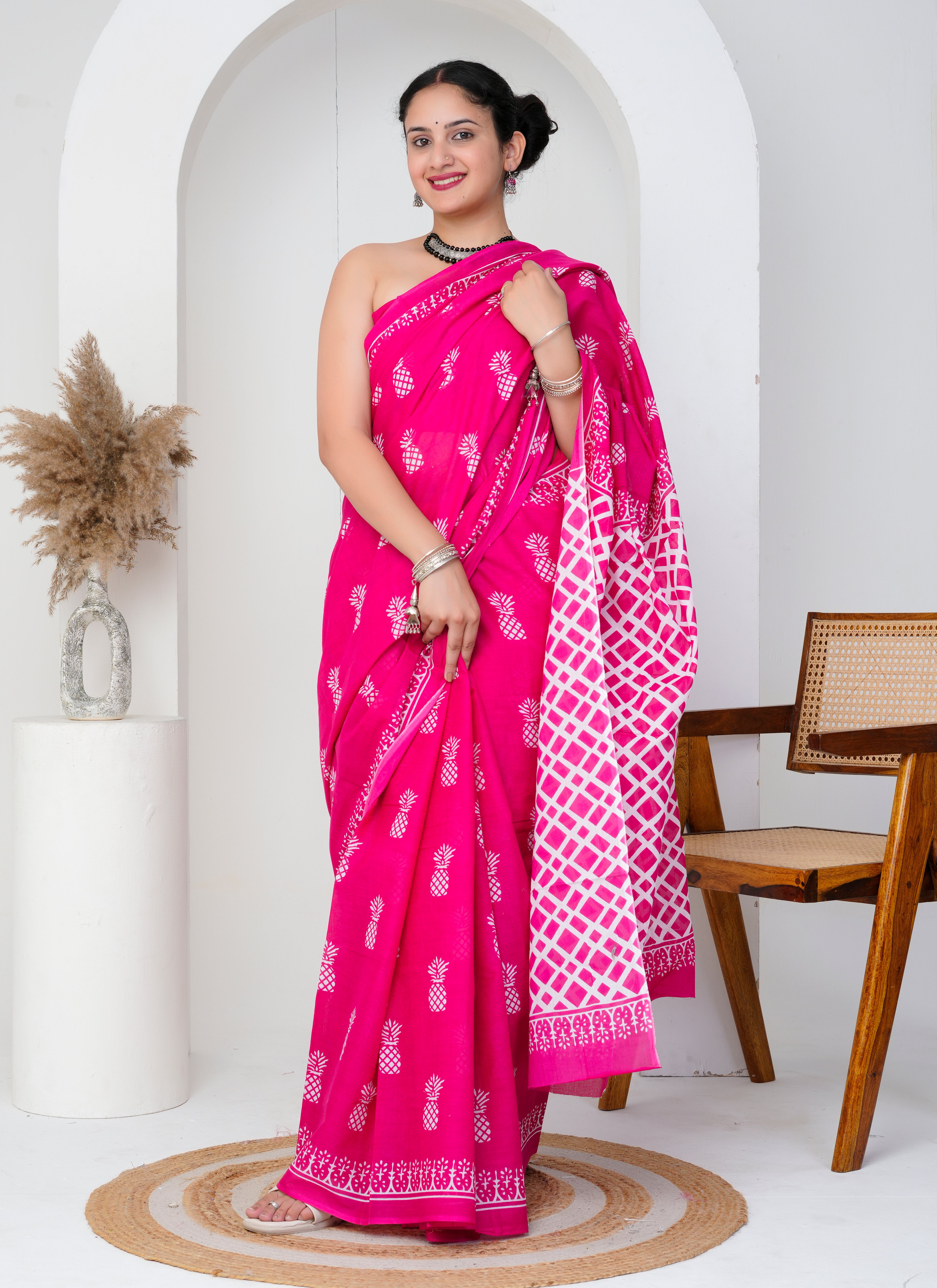 Hot Pink Pineapple Print Cotton Saree