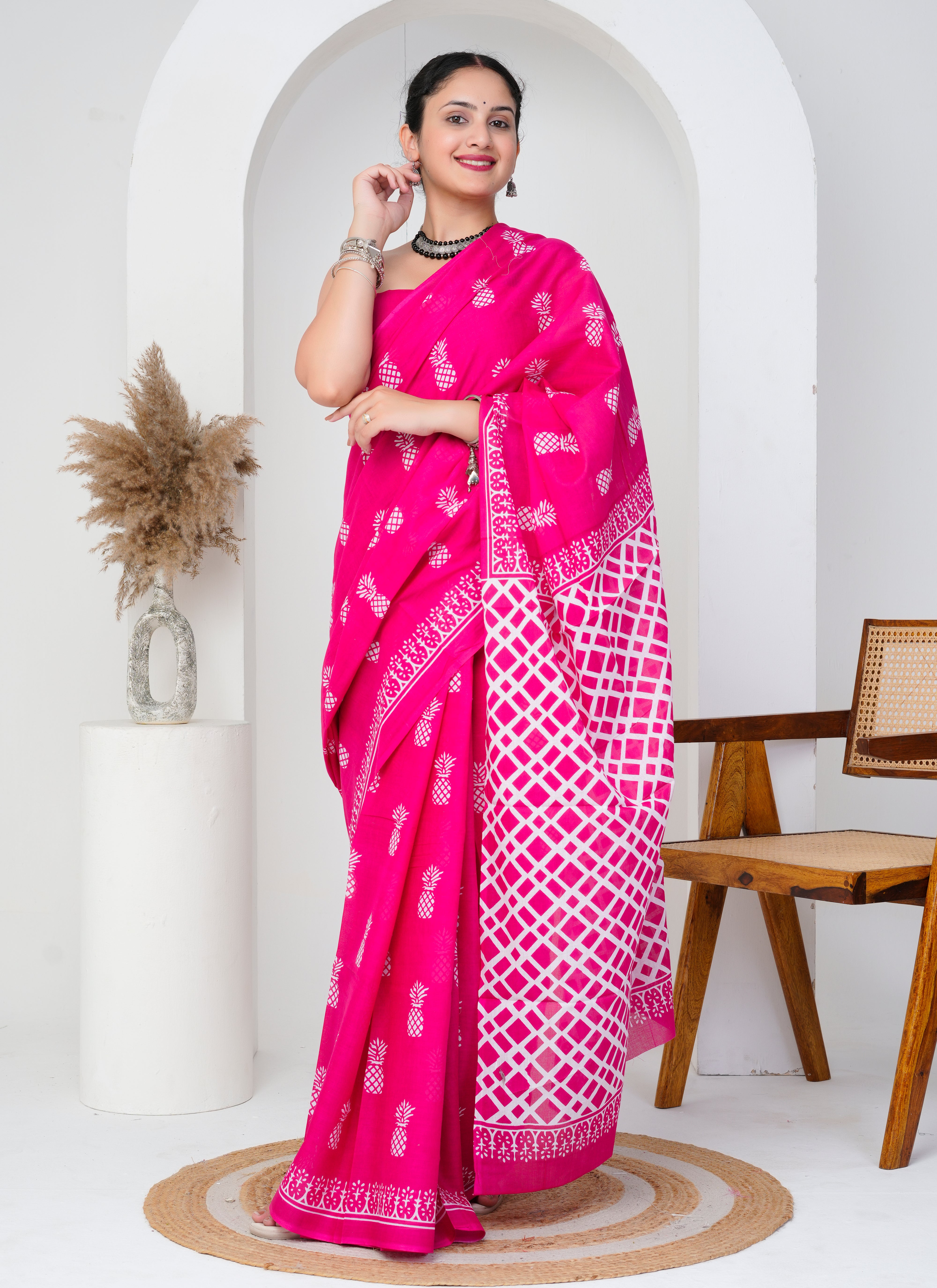 Hot Pink Pineapple Print Cotton Saree