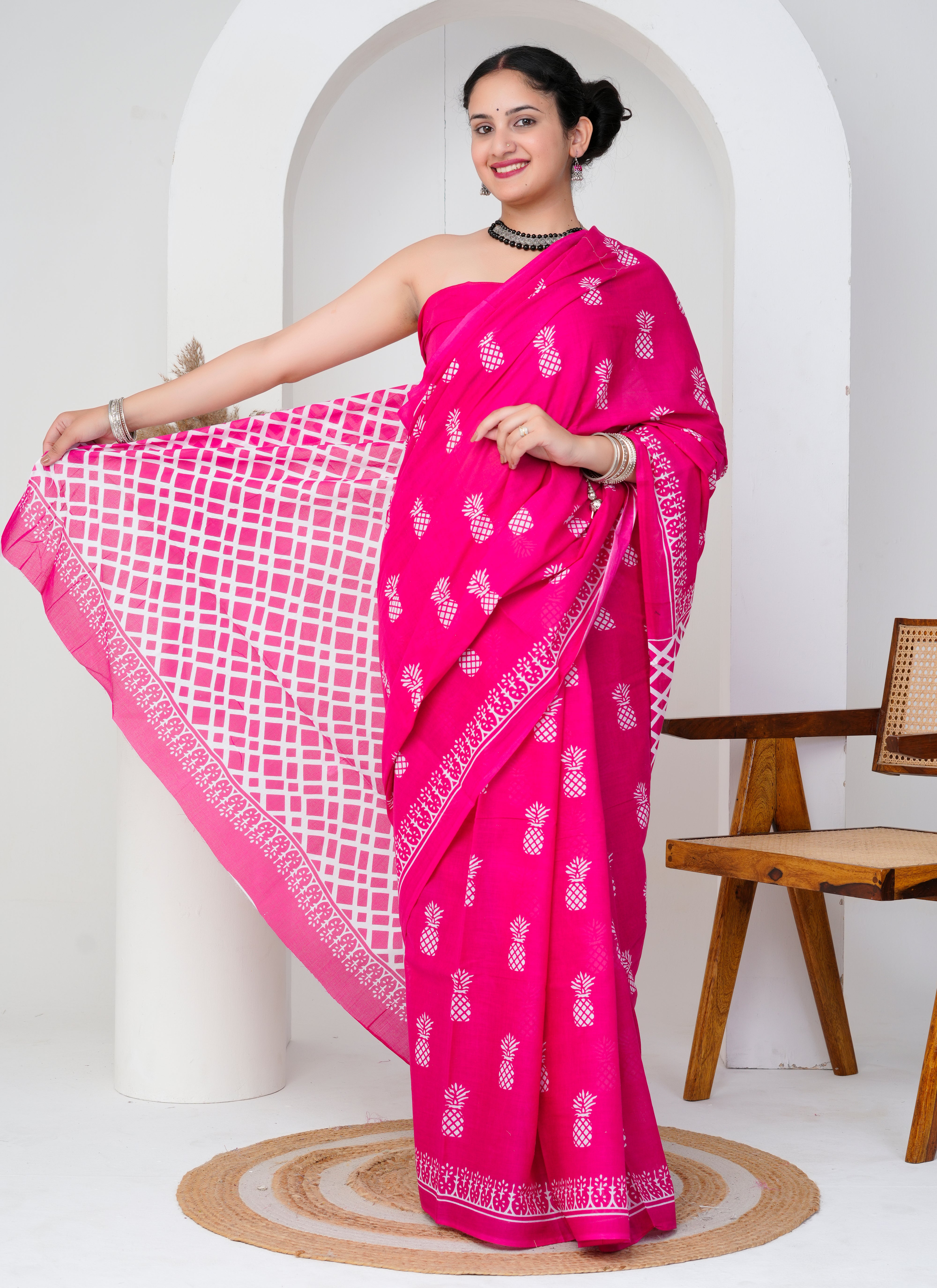 Hot Pink Pineapple Print Cotton Saree