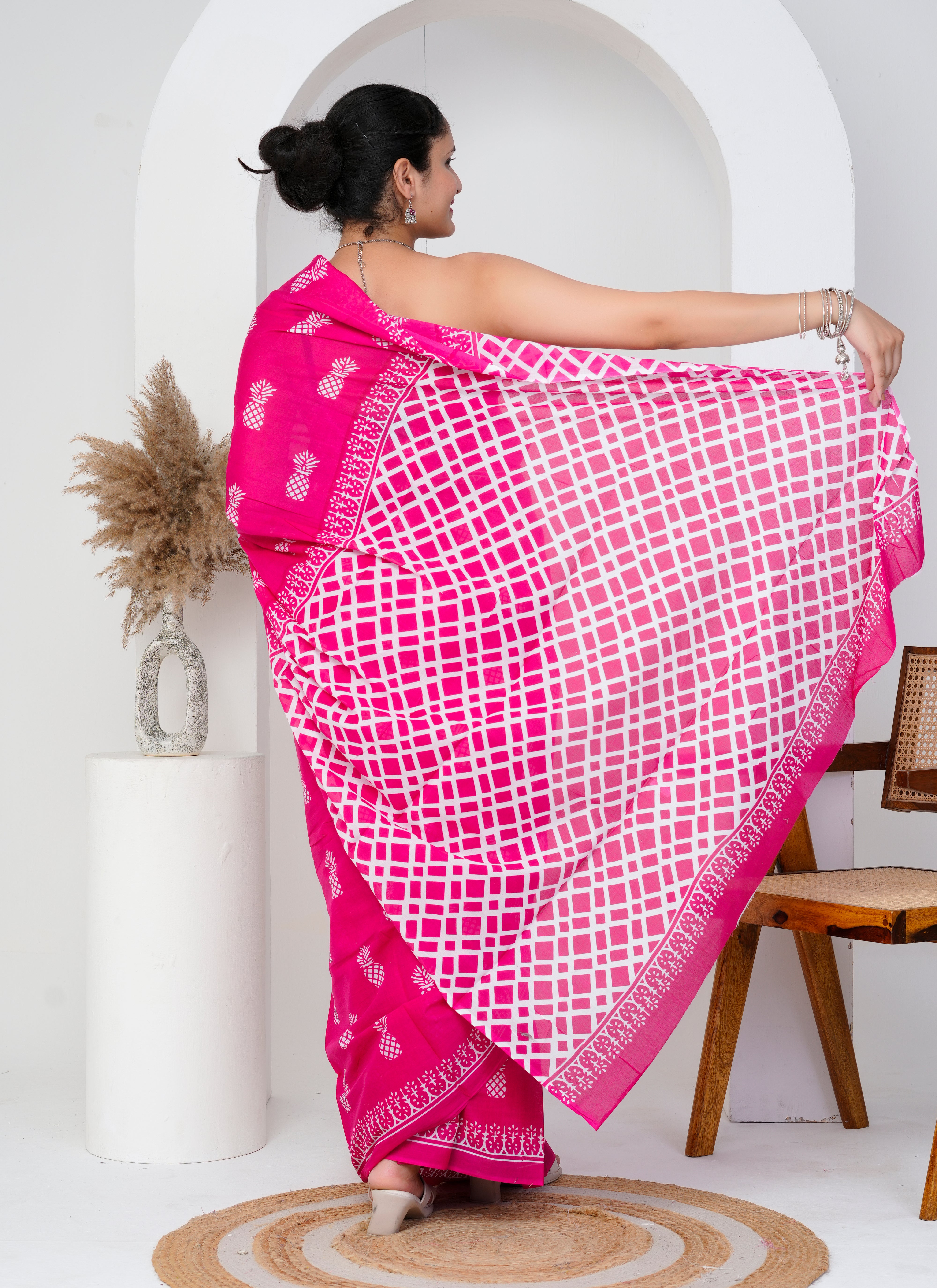 Hot Pink Pineapple Print Cotton Saree
