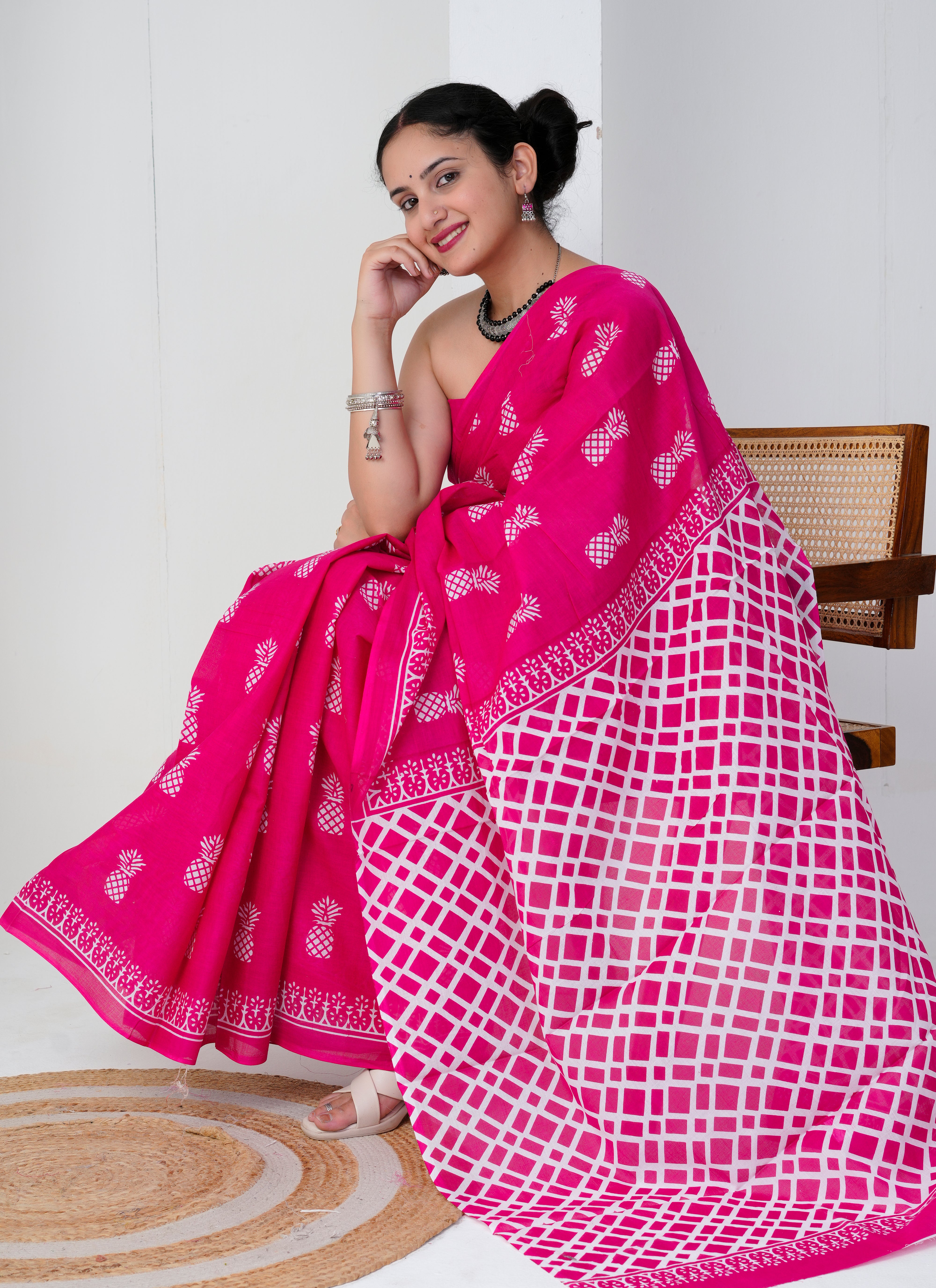 Hot Pink Pineapple Print Cotton Saree