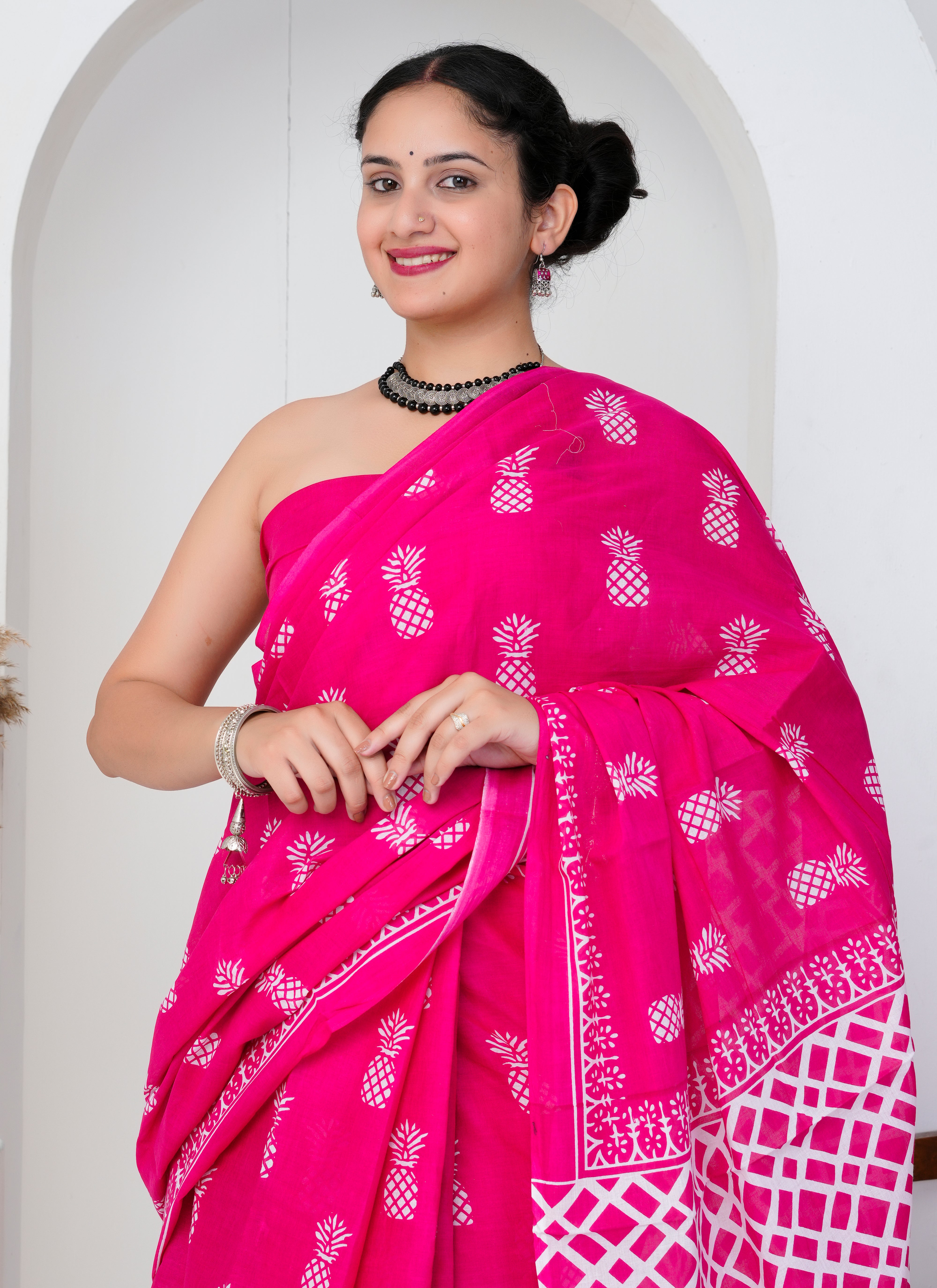 Hot Pink Pineapple Print Cotton Saree