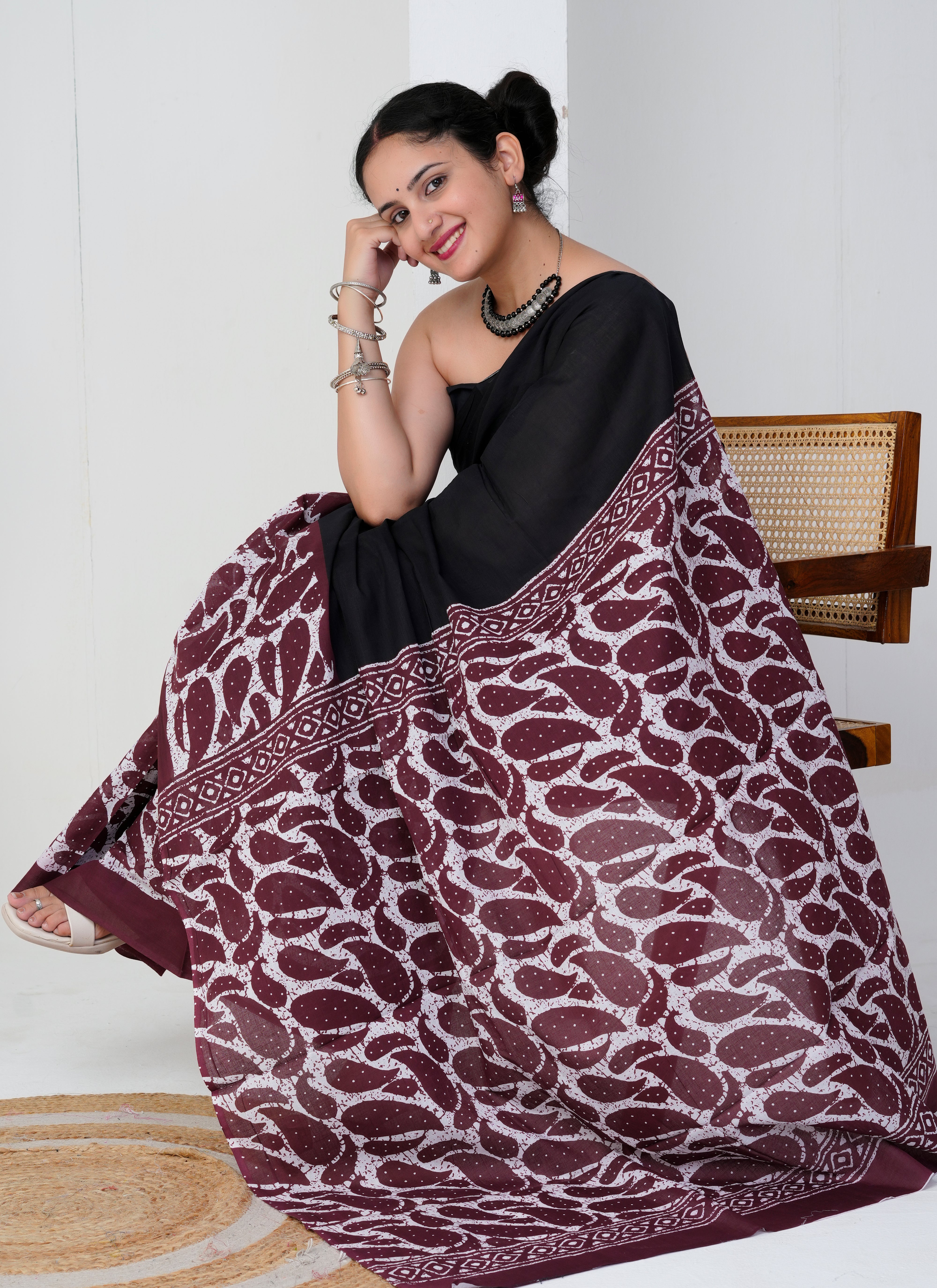 Black and Maroon Leaf Print Cotton Saree