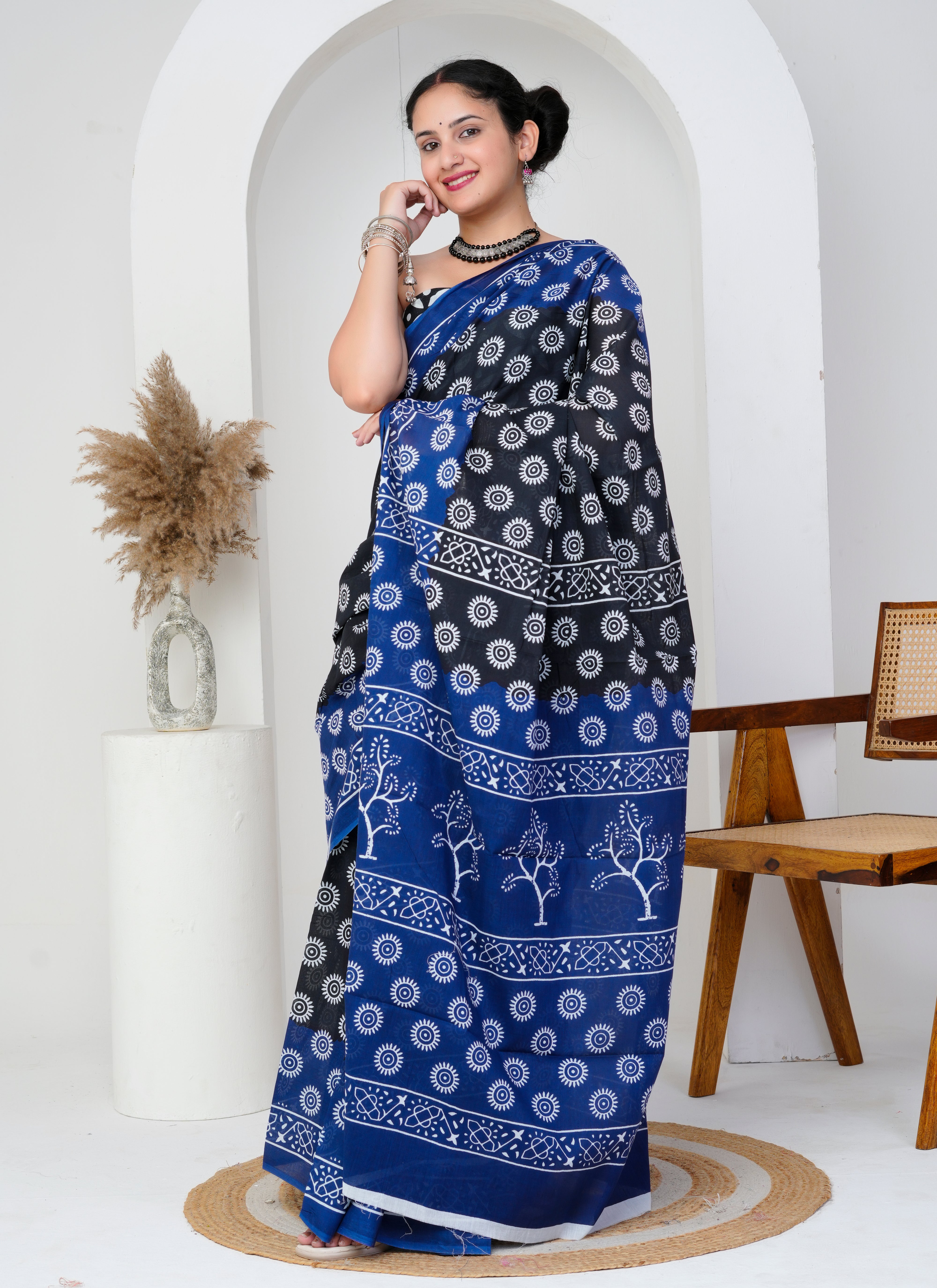 Black and Blue Sun Motif Cotton Saree