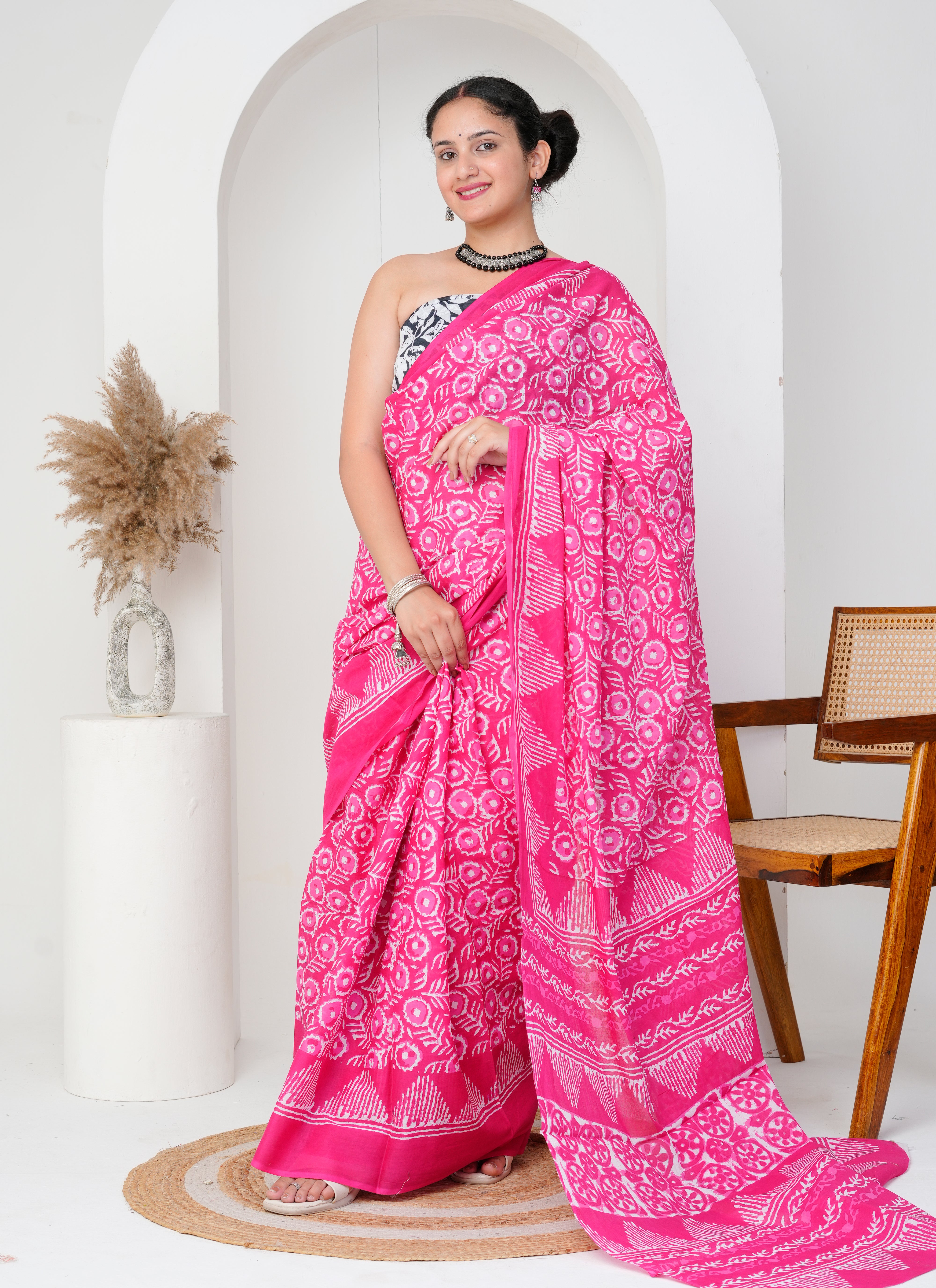 Hot Pink Hand-Block Printed Cotton Saree