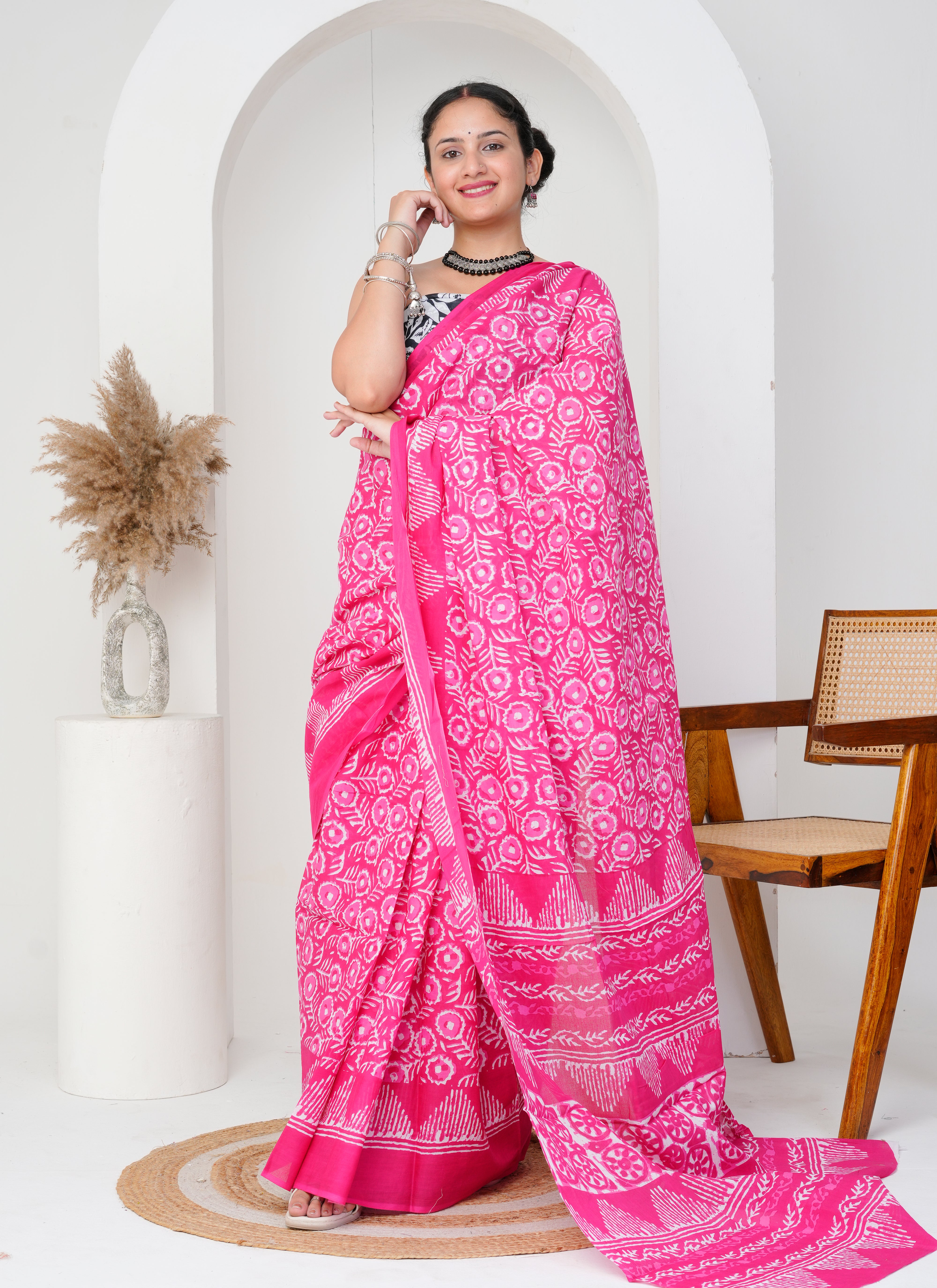 Hot Pink Hand-Block Printed Cotton Saree