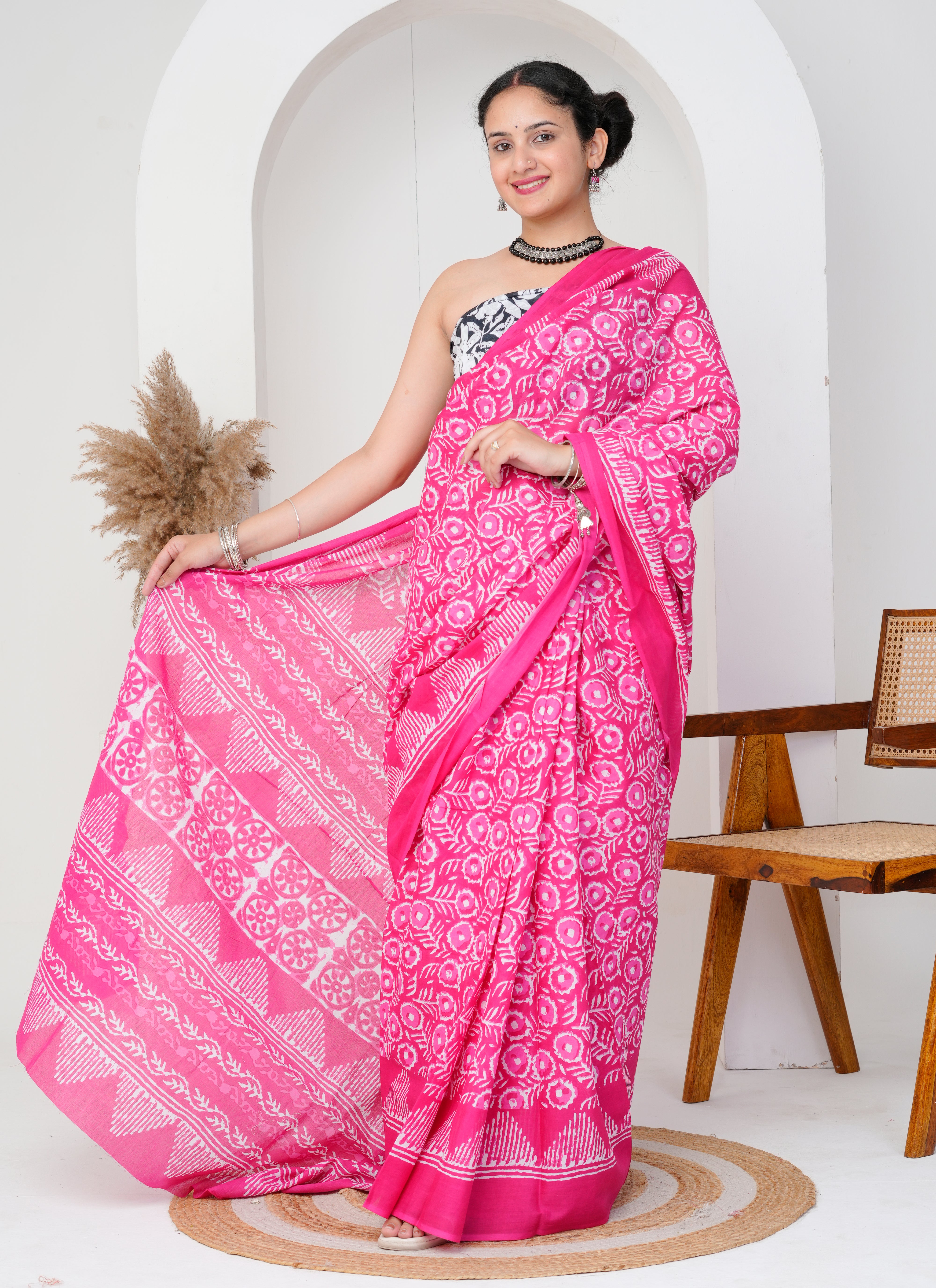 Hot Pink Hand-Block Printed Cotton Saree