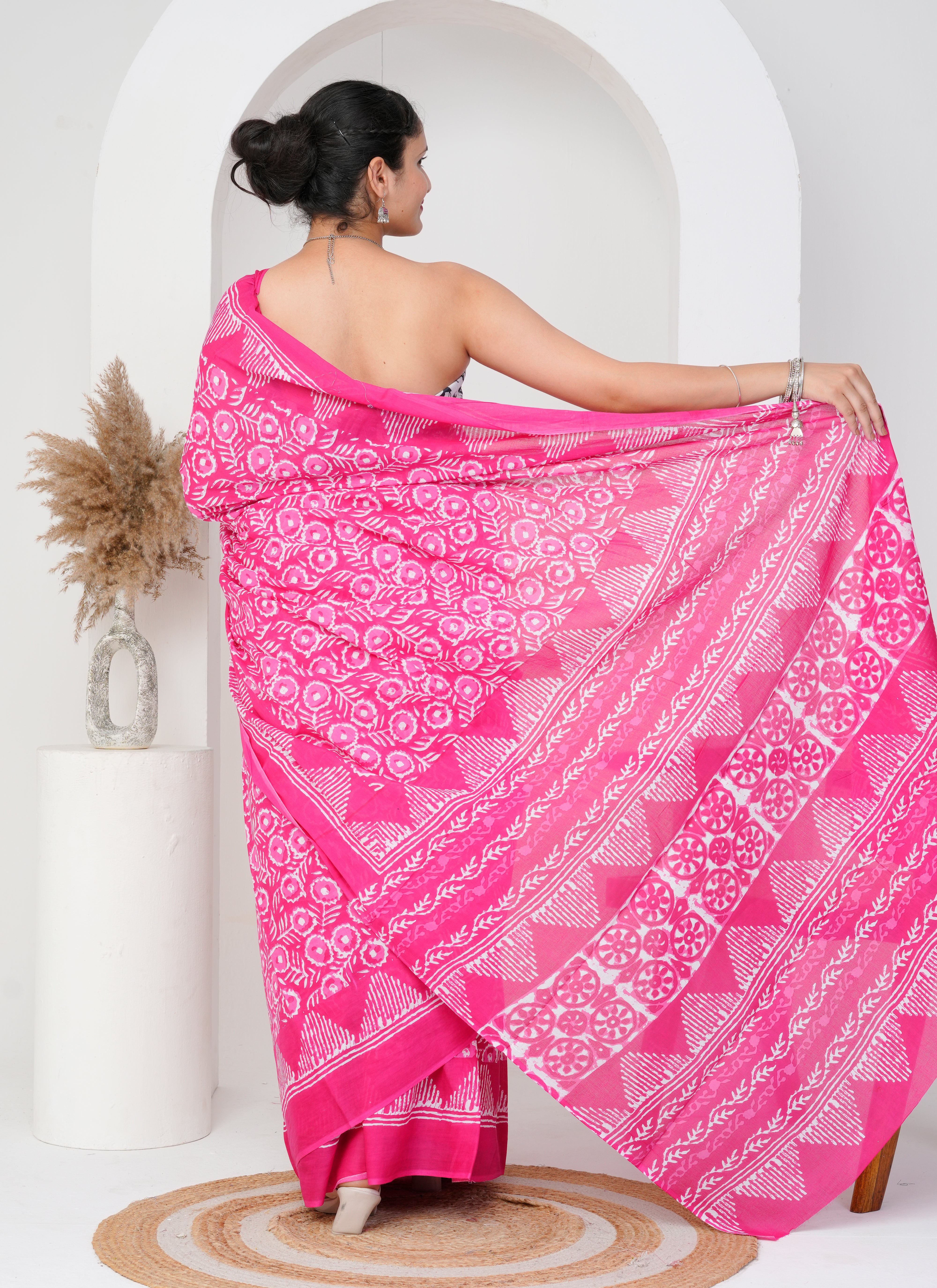 Hot Pink Hand-Block Printed Cotton Saree