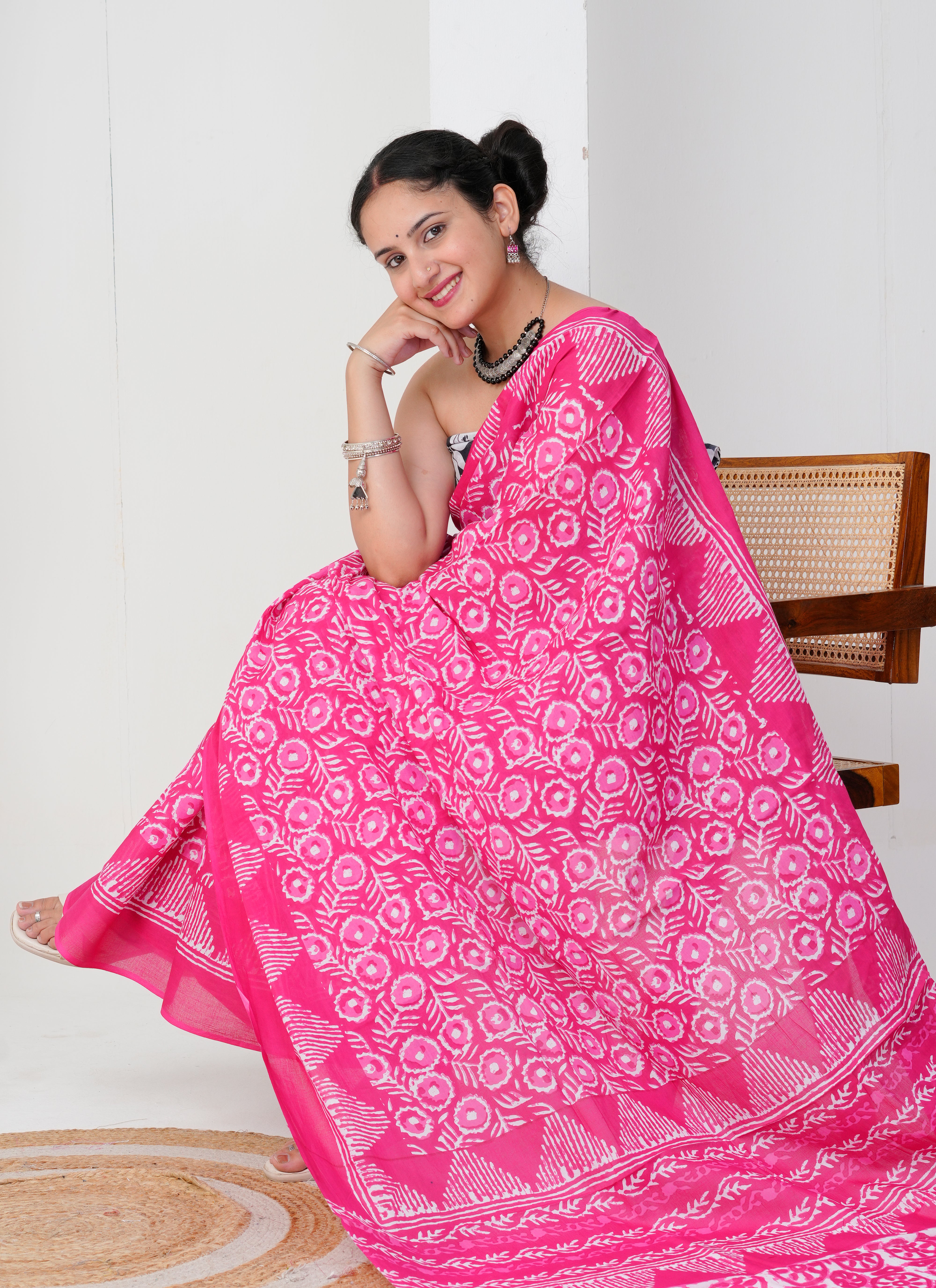 Hot Pink Hand-Block Printed Cotton Saree