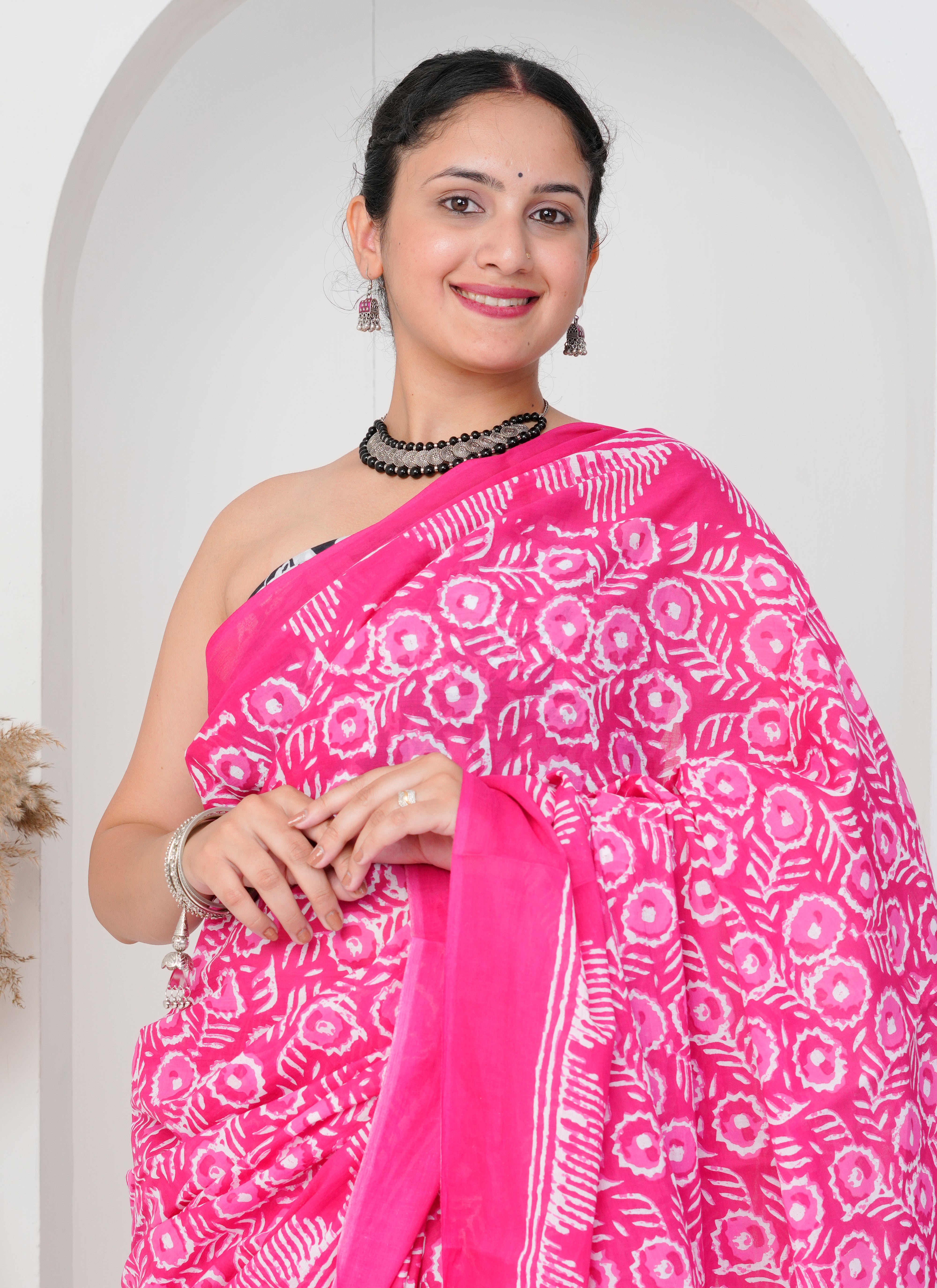 Hot Pink Hand-Block Printed Cotton Saree