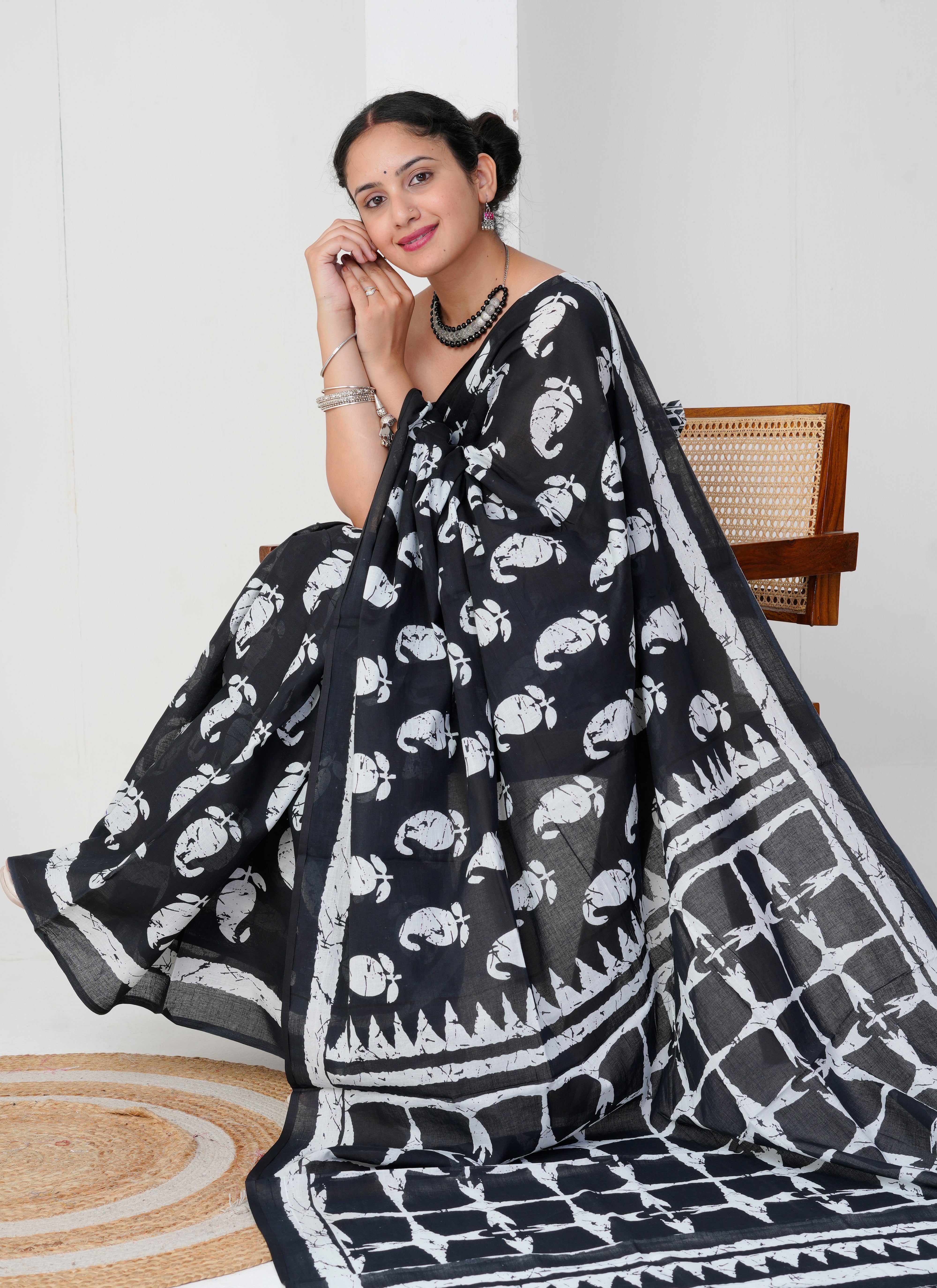Black and White Hand-Block Printed Cotton Saree