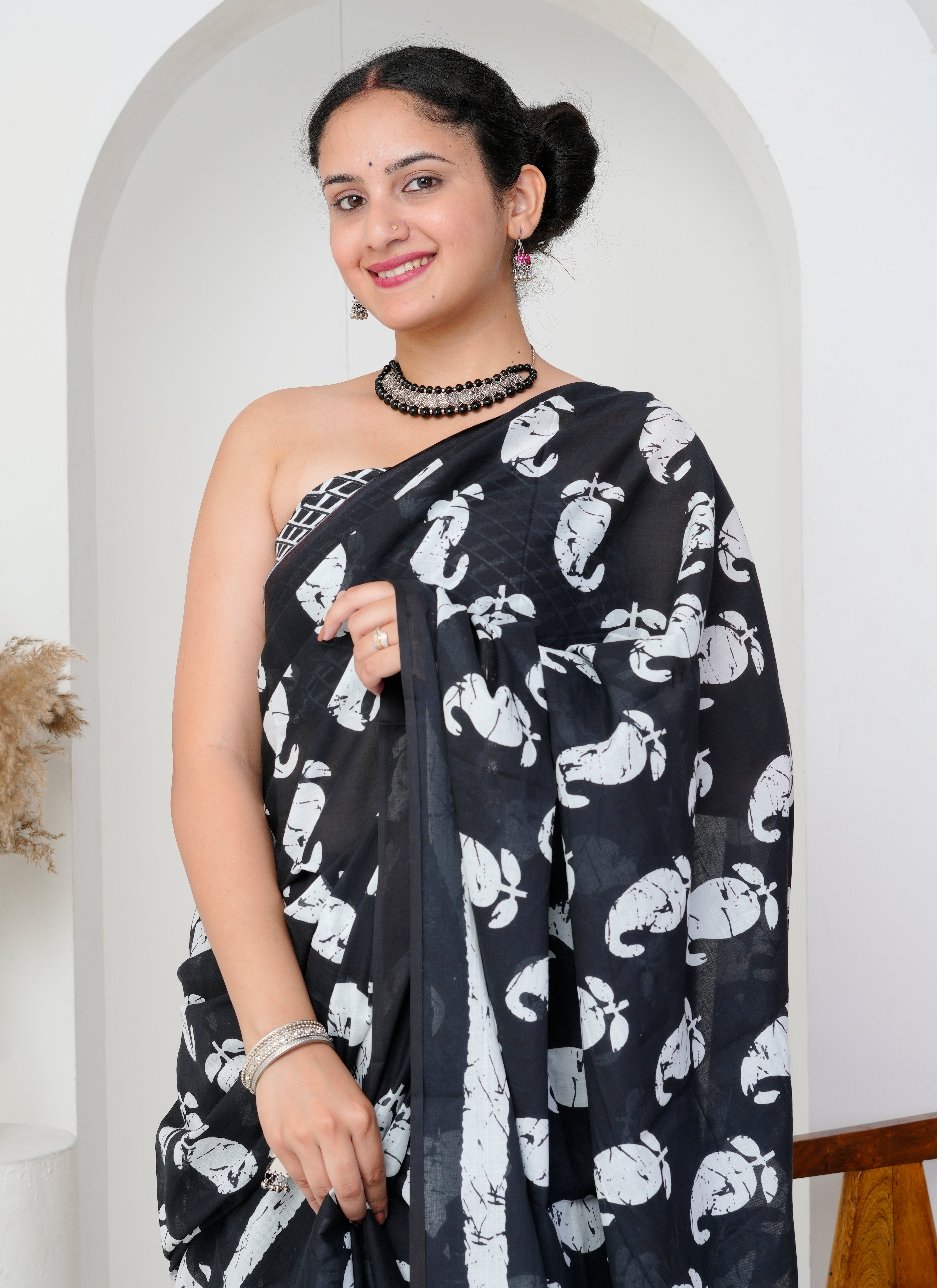 Black and White Hand-Block Printed Cotton Saree