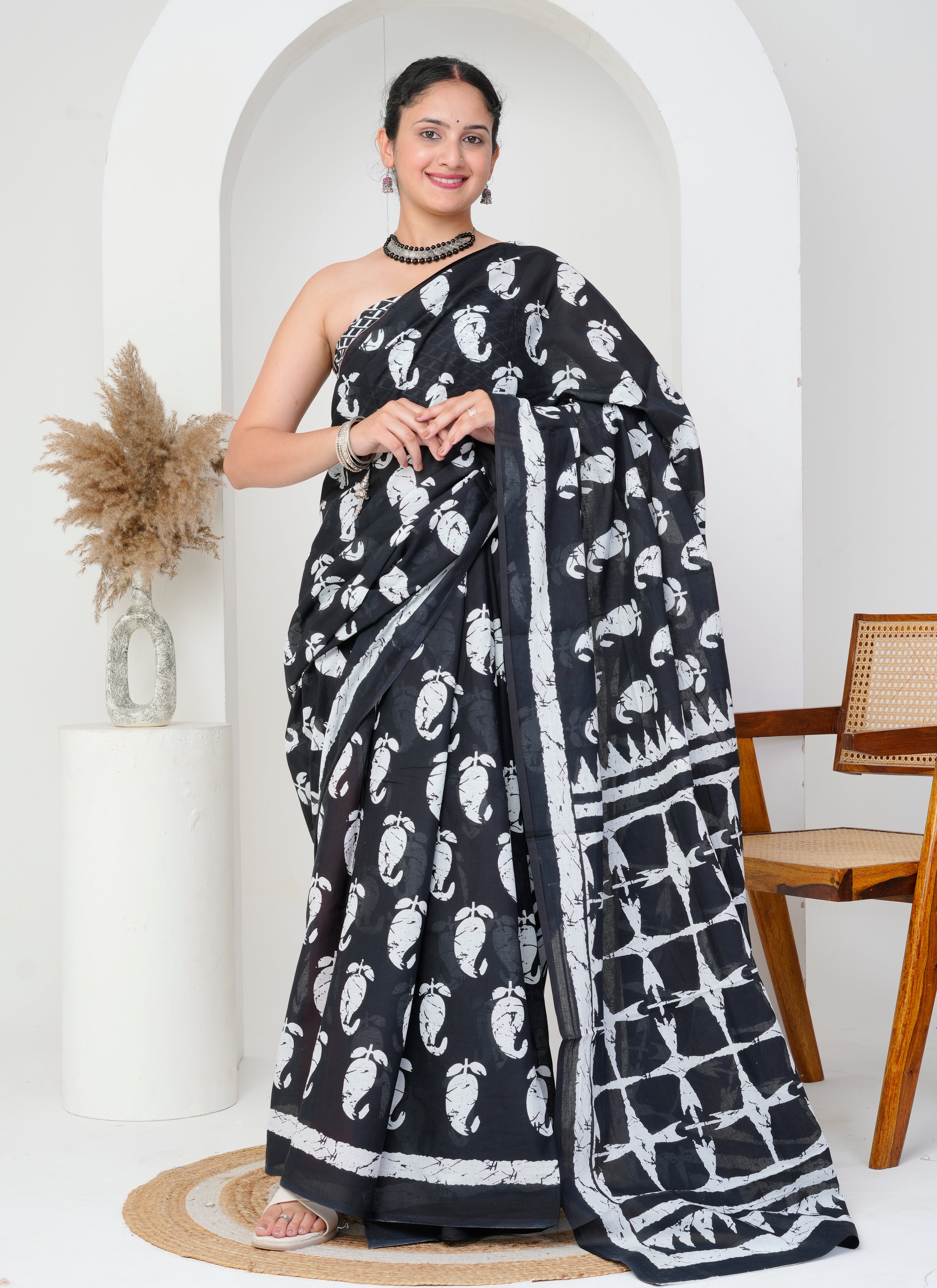 Black and White Hand-Block Printed Cotton Saree