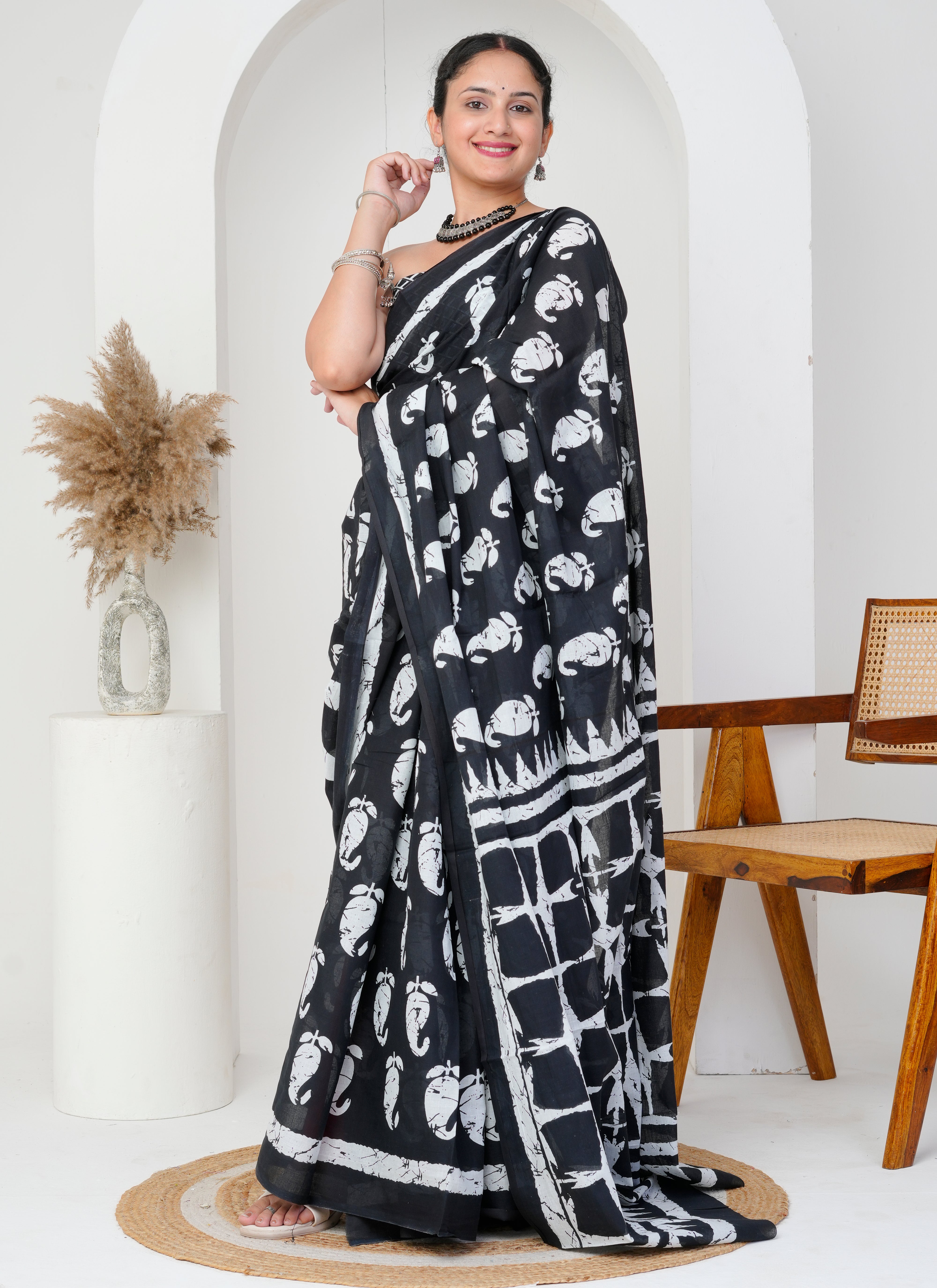 Black and White Hand-Block Printed Cotton Saree