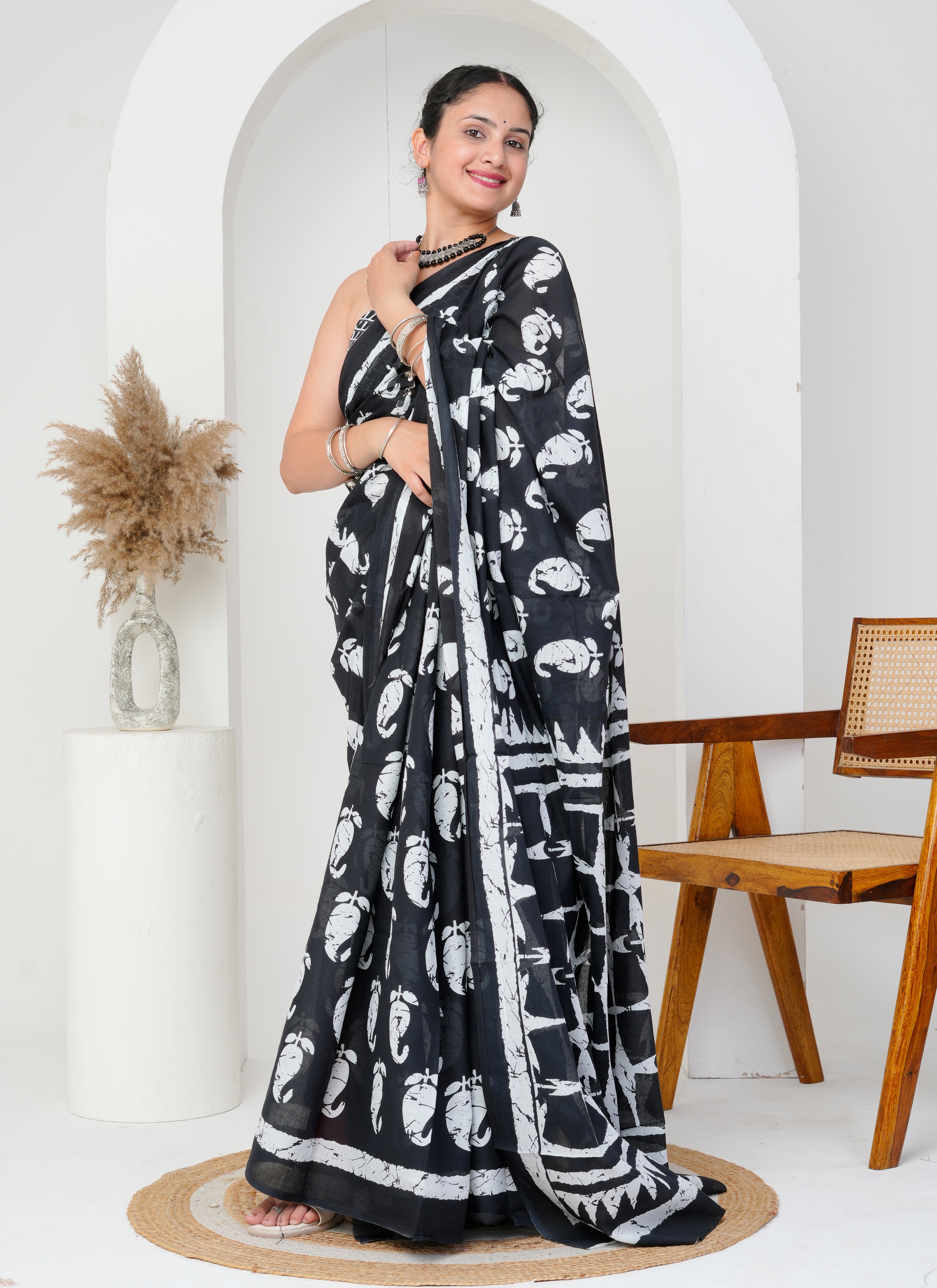Black and White Hand-Block Printed Cotton Saree