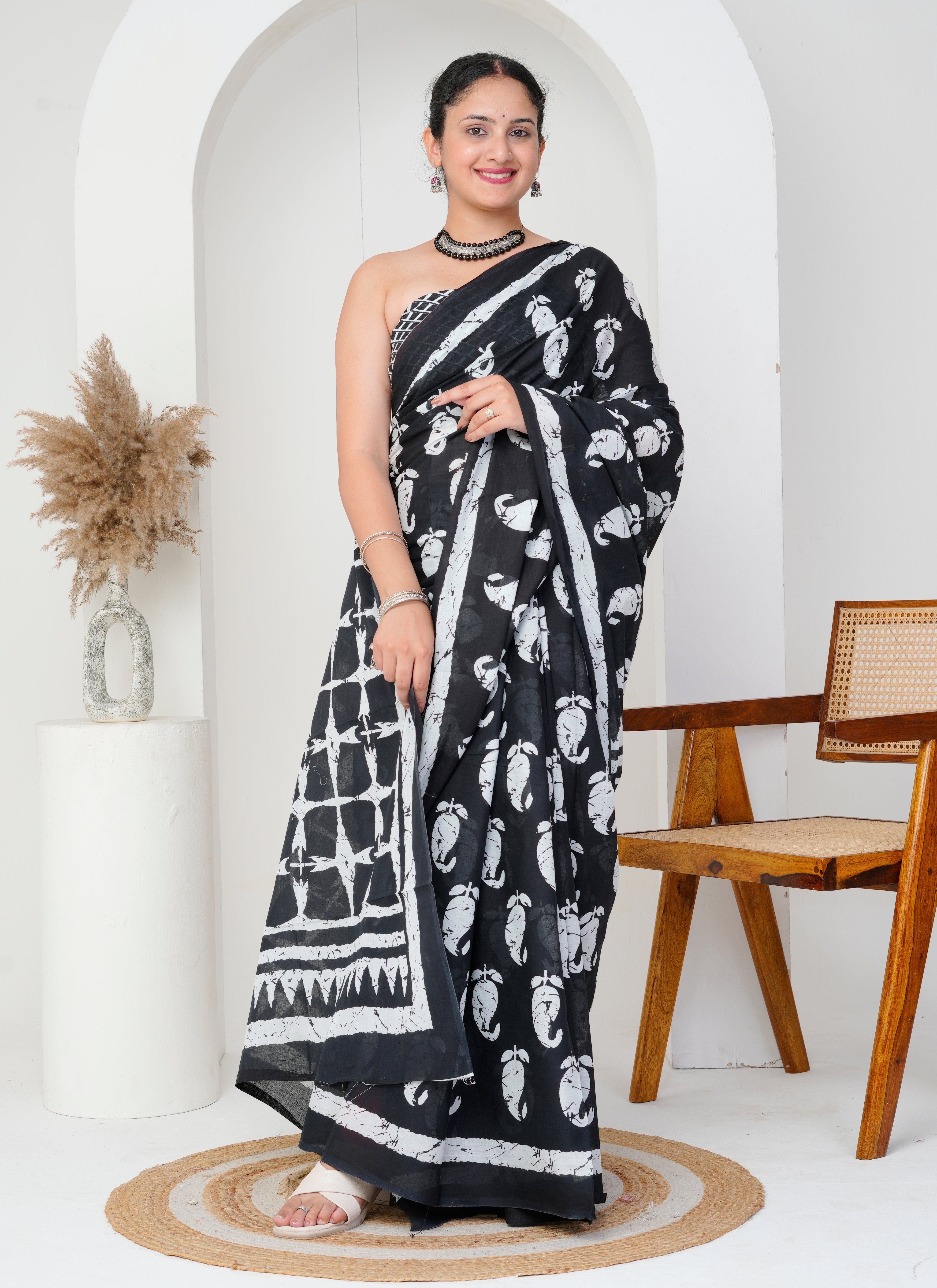 Black and White Hand-Block Printed Cotton Saree