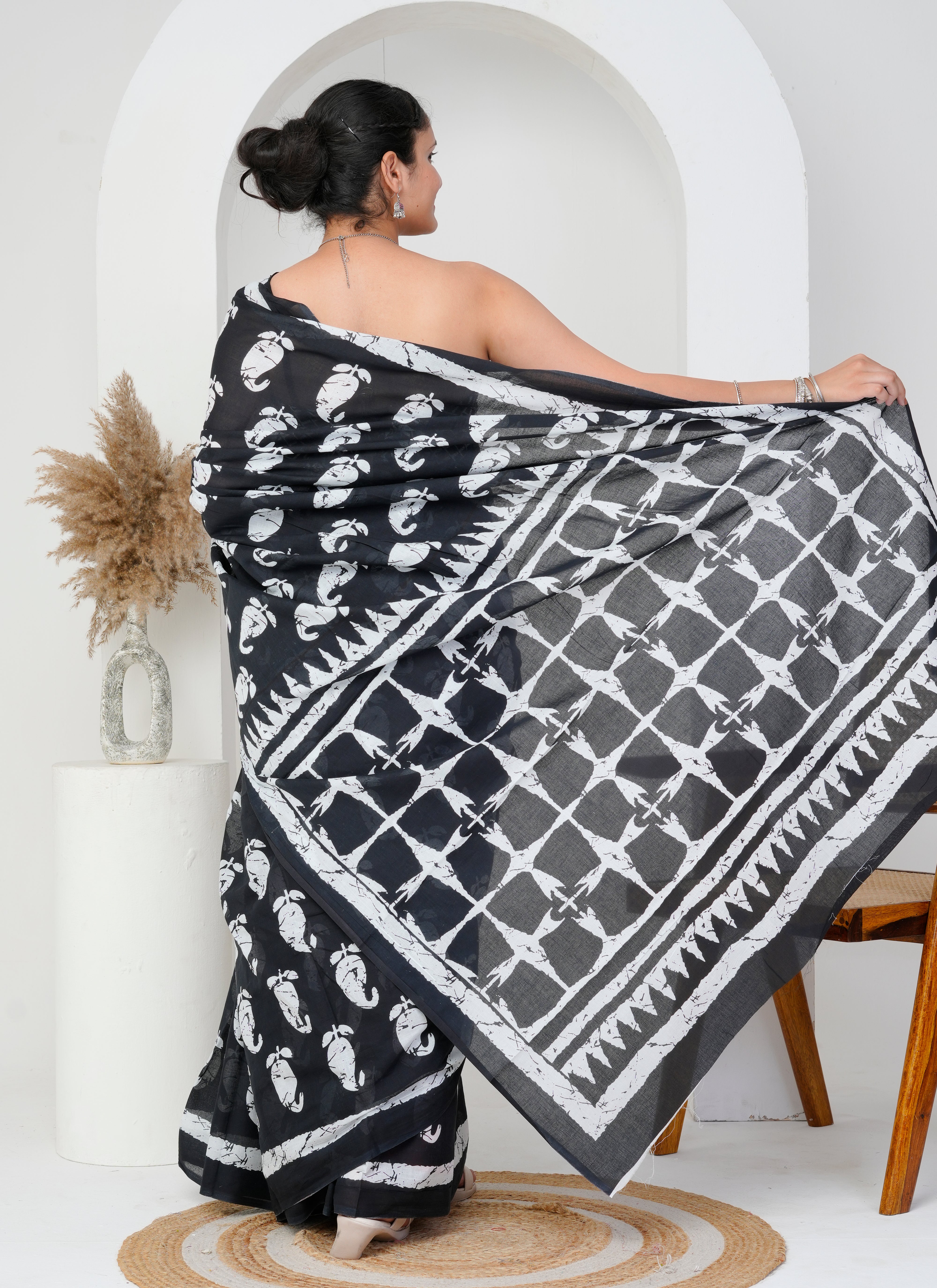 Black and White Hand-Block Printed Cotton Saree