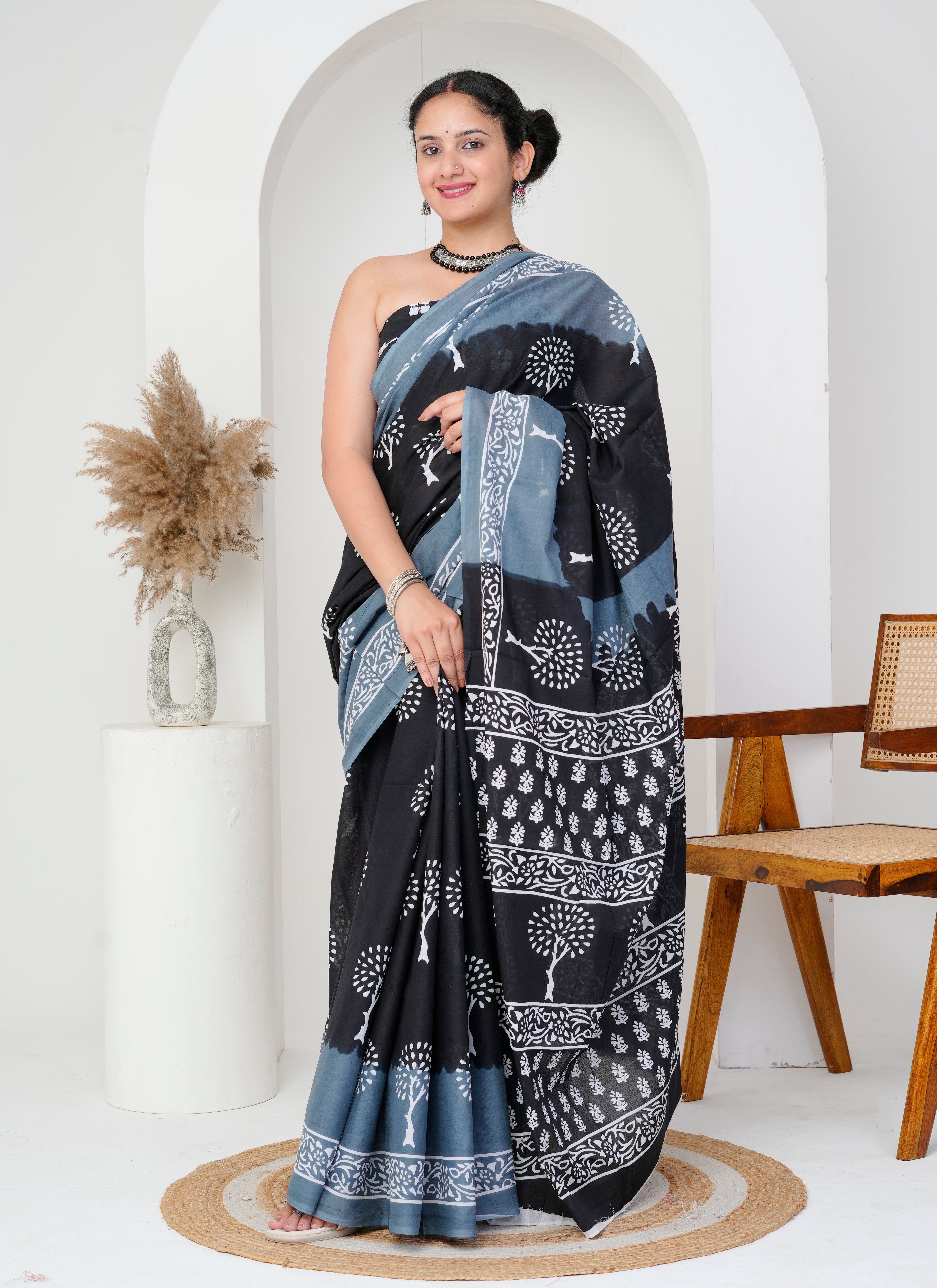 Black and Slate Grey Tree Motif Cotton Saree