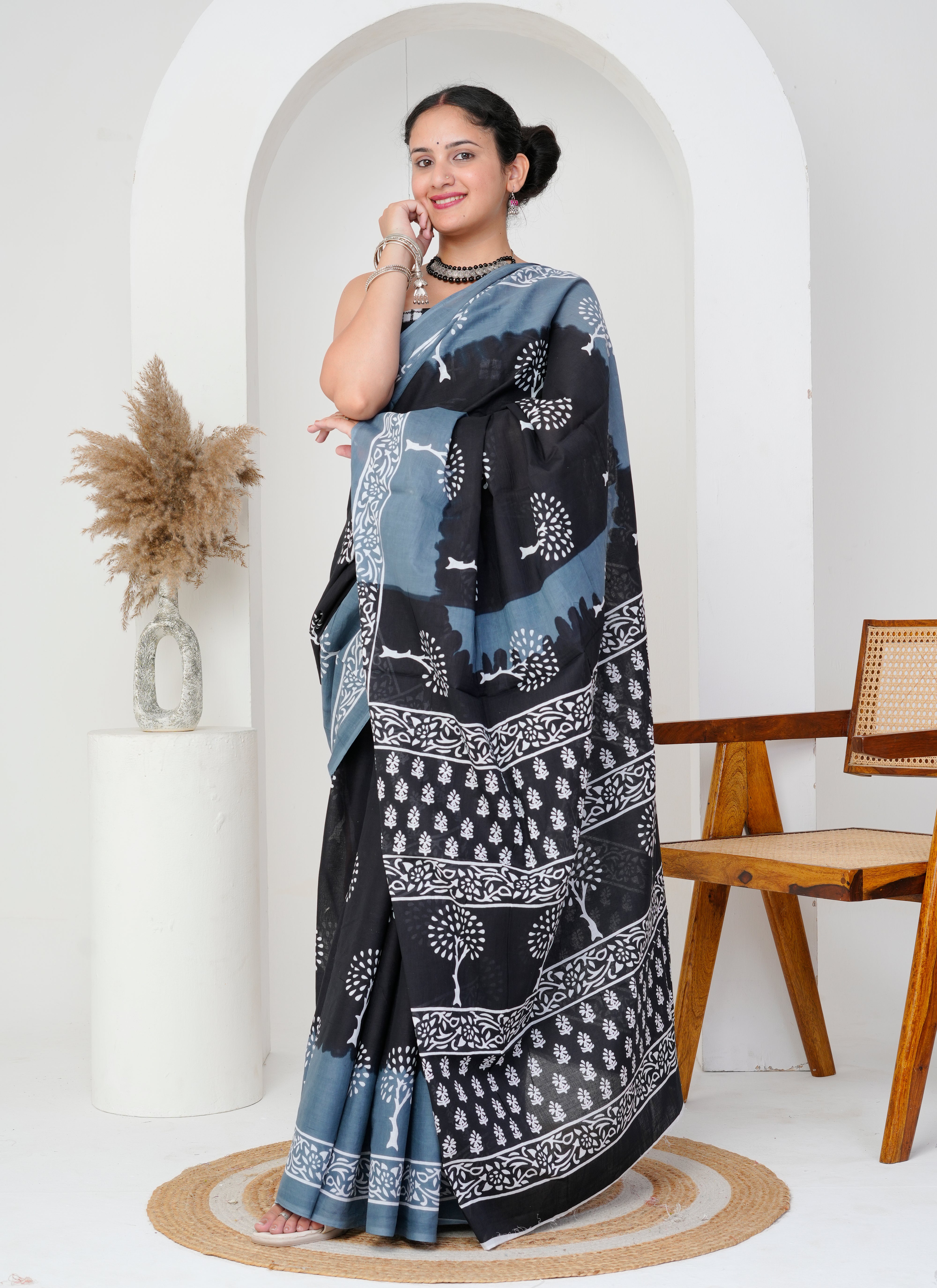 Black and Slate Grey Tree Motif Cotton Saree