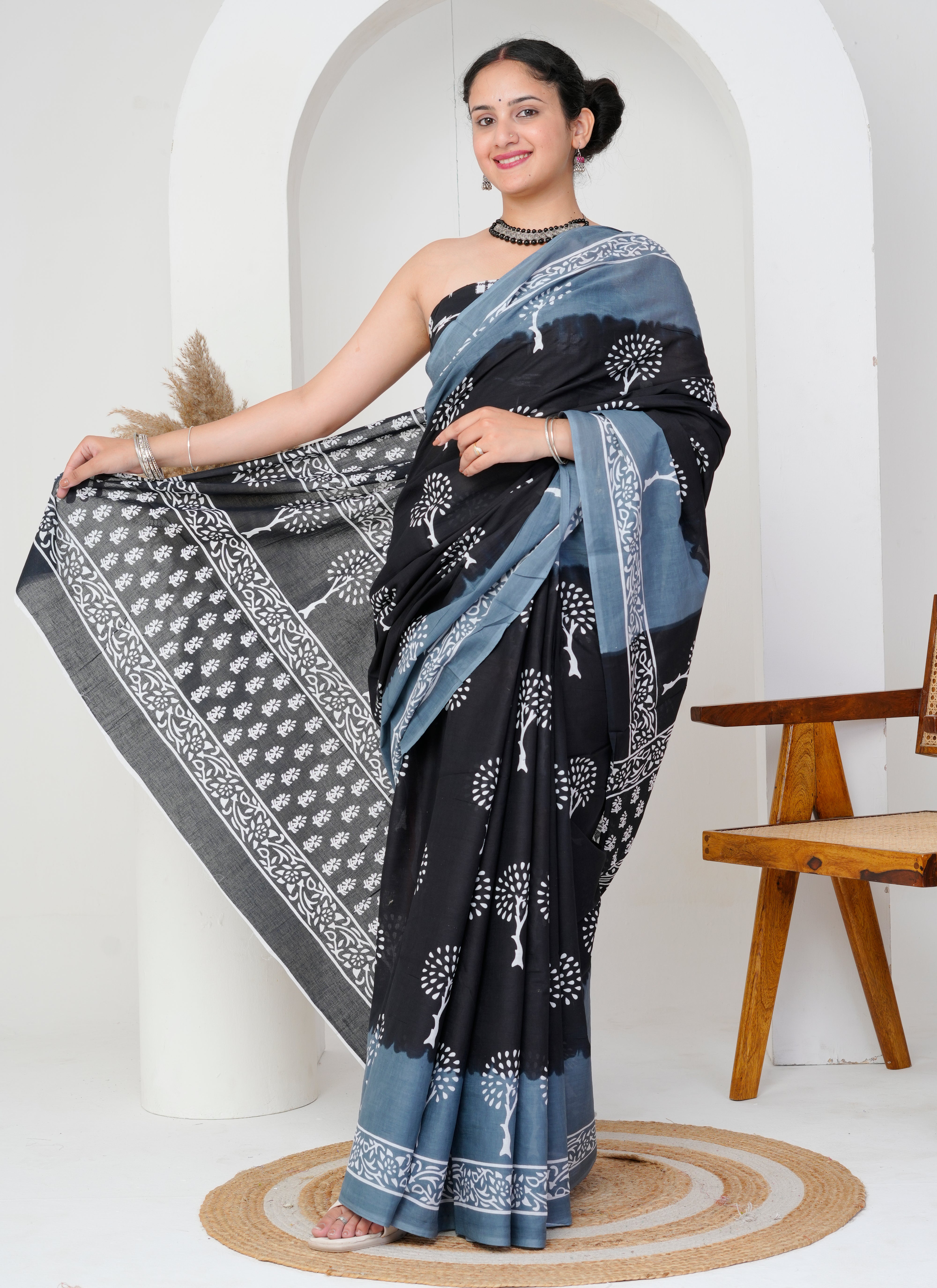 Black and Slate Grey Tree Motif Cotton Saree