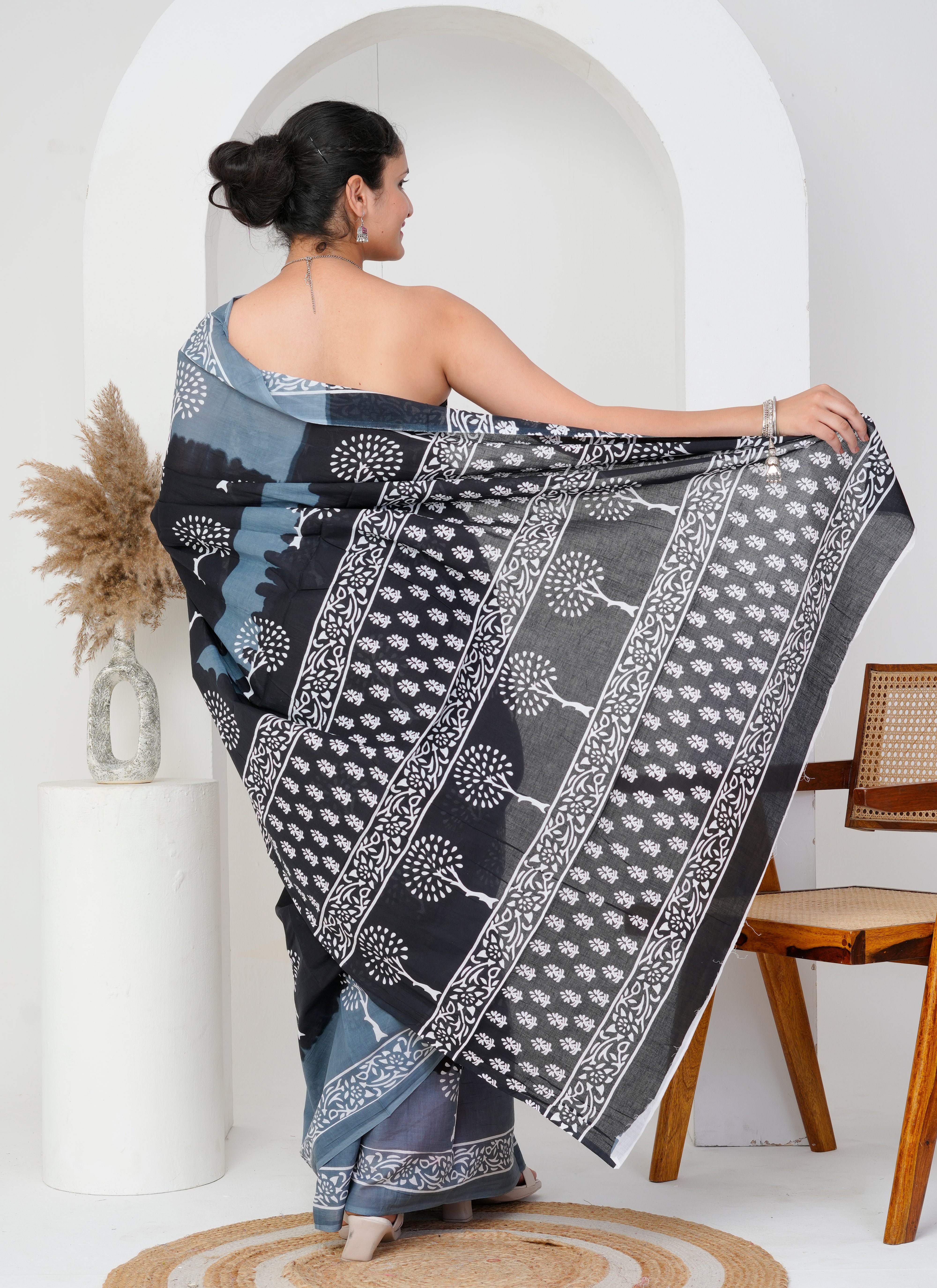 Black and Slate Grey Tree Motif Cotton Saree