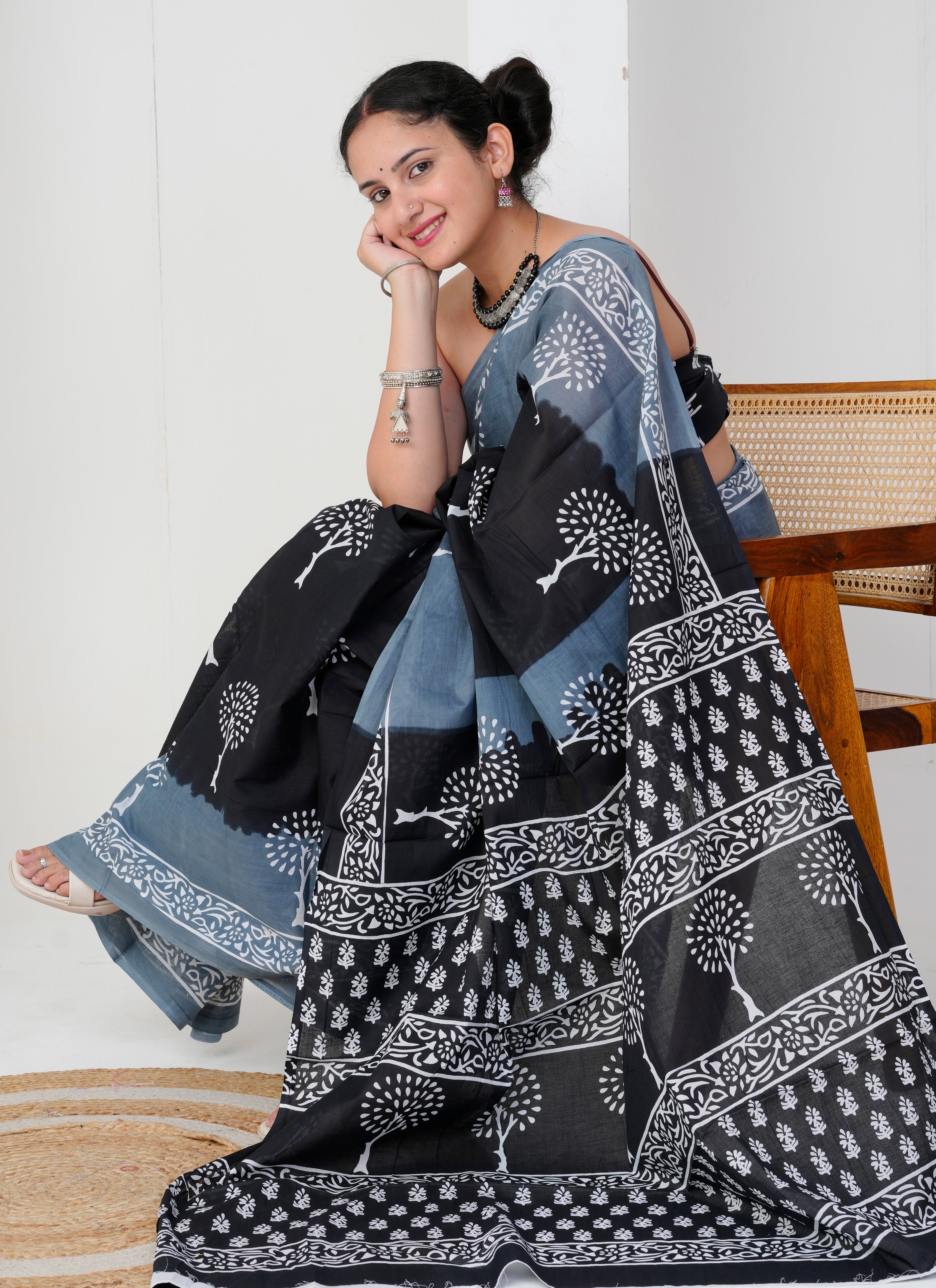 Black and Slate Grey Tree Motif Cotton Saree