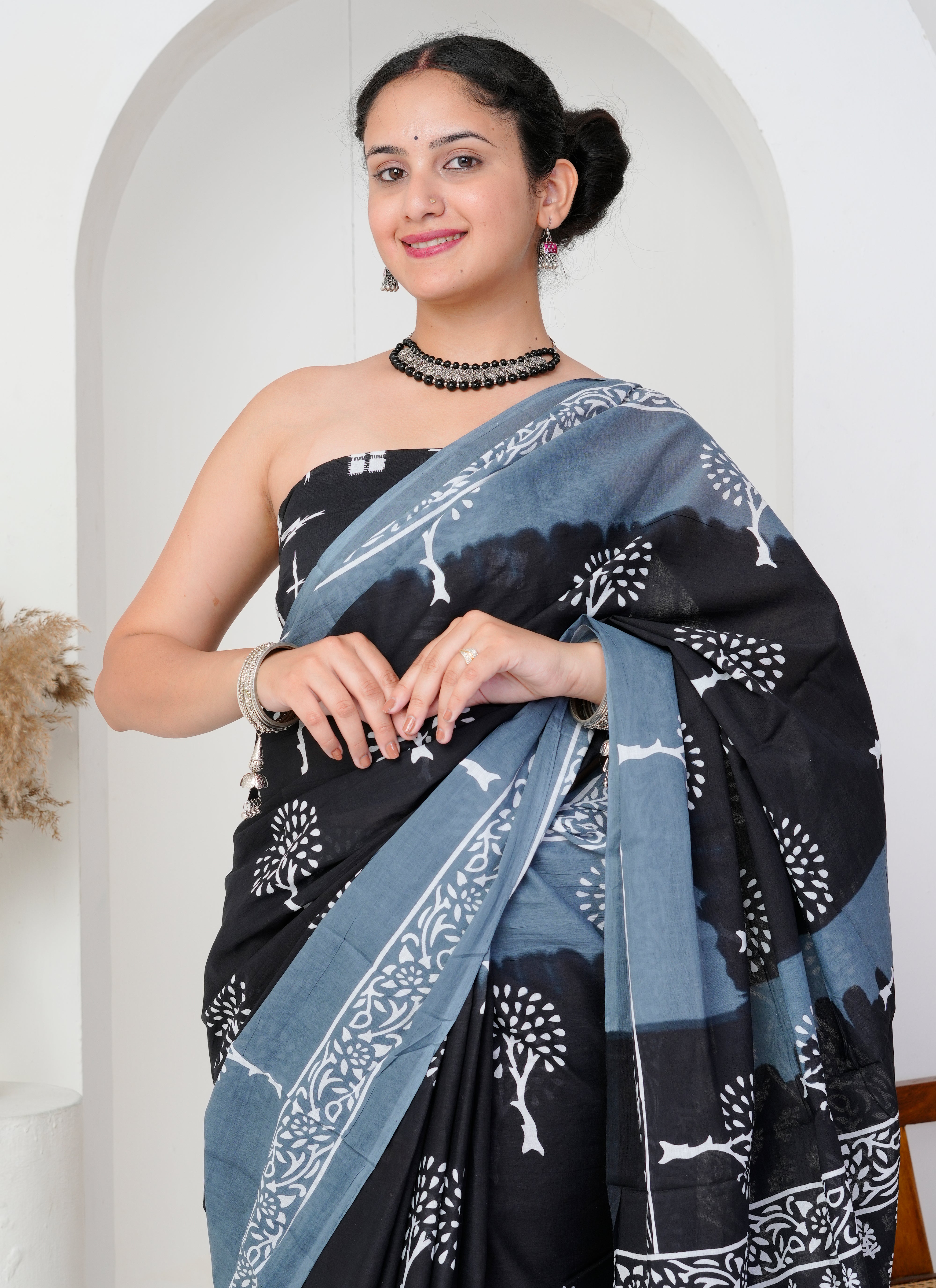 Black and Slate Grey Tree Motif Cotton Saree