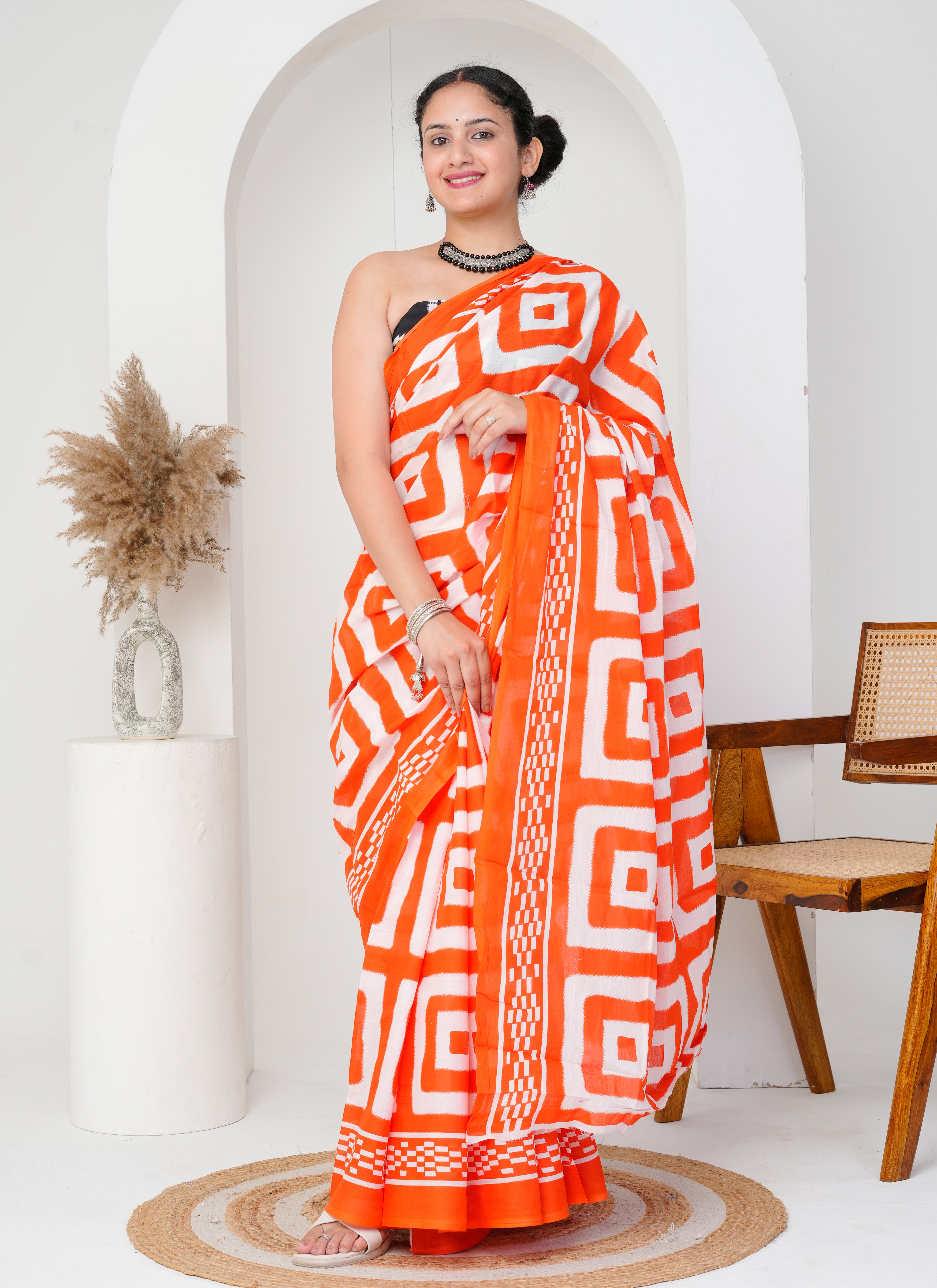 Orange and White Geometric Print Cotton Saree