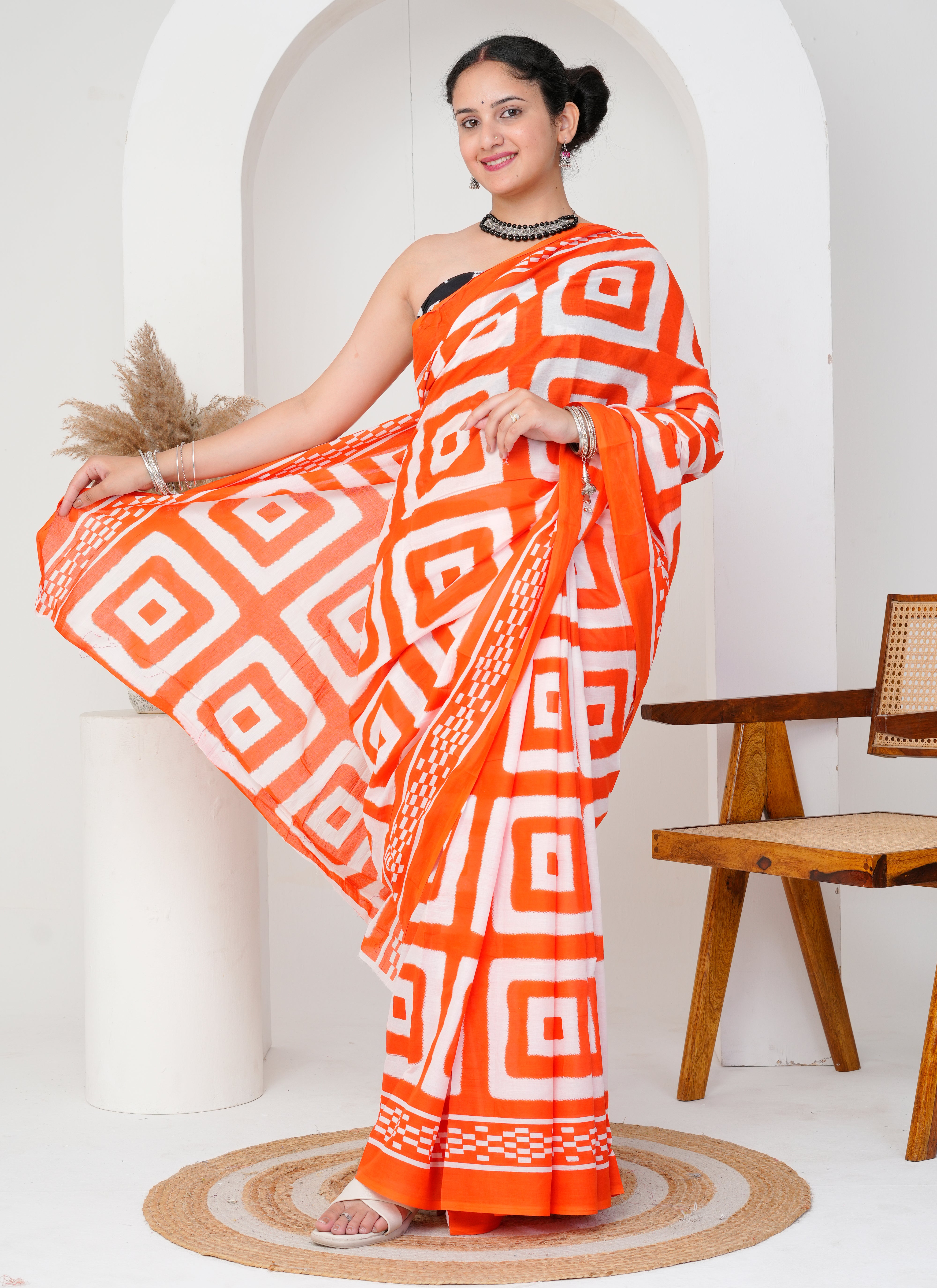 Orange and White Geometric Print Cotton Saree