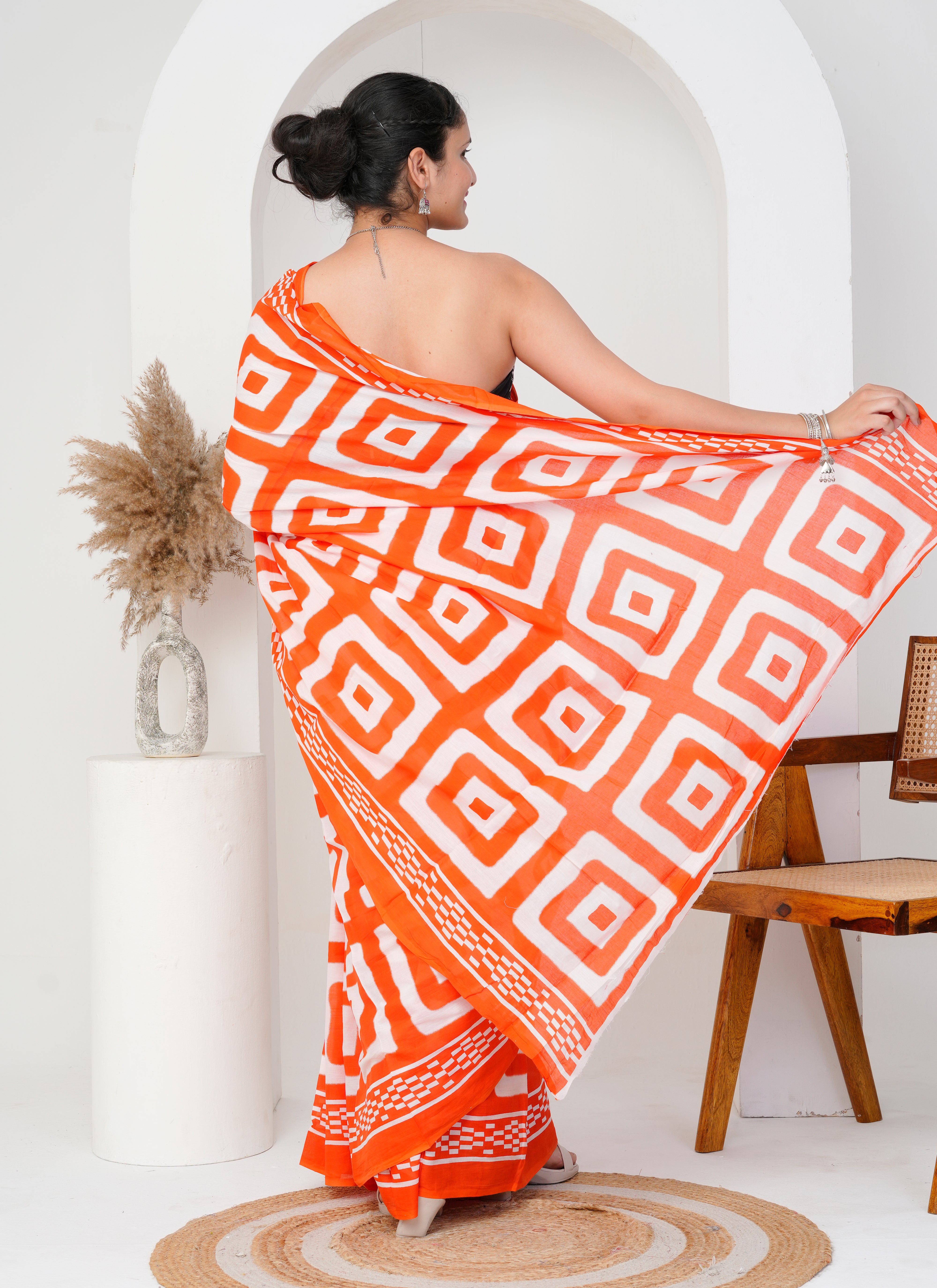 Orange and White Geometric Print Cotton Saree