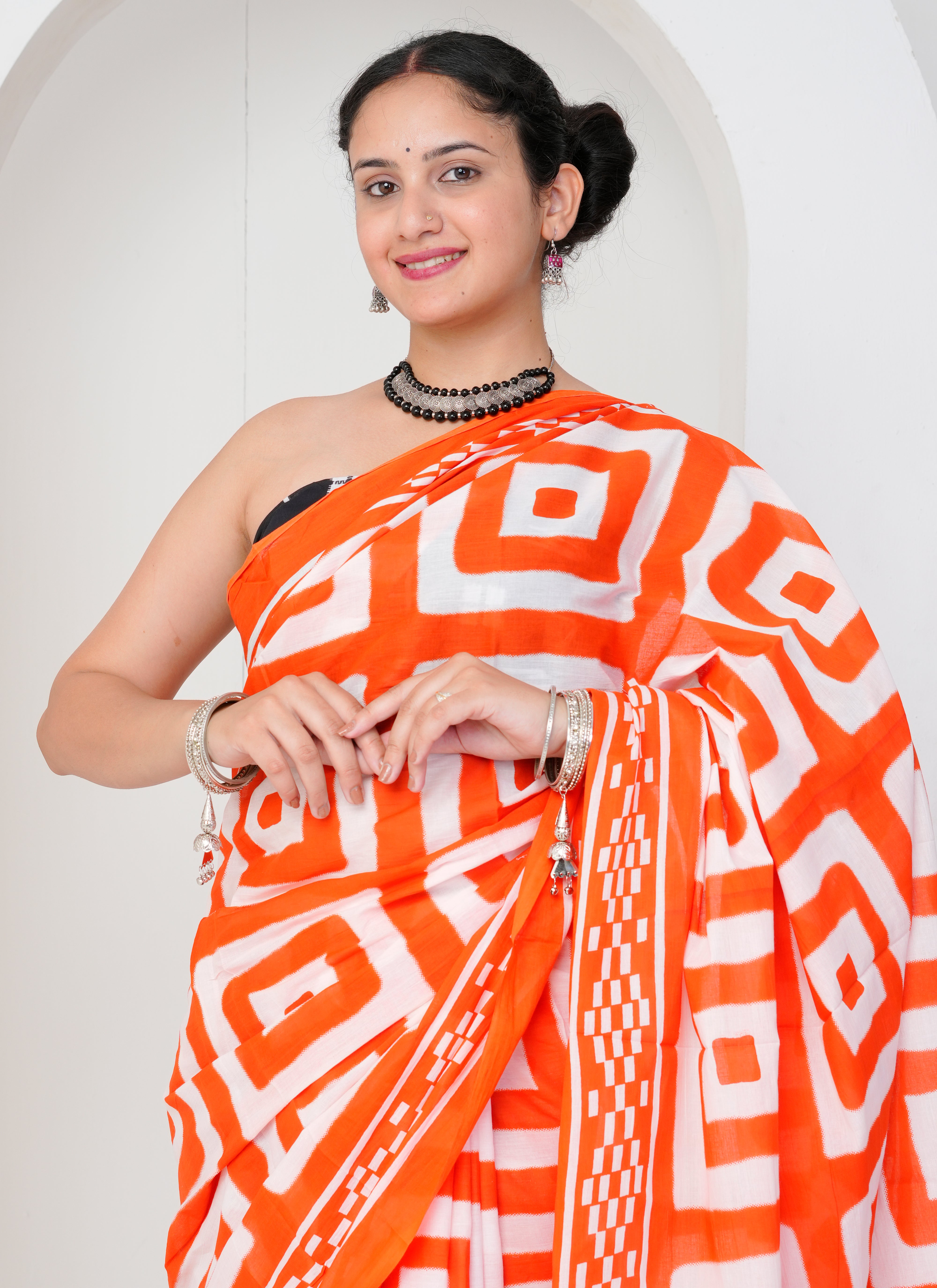 Orange and White Geometric Print Cotton Saree
