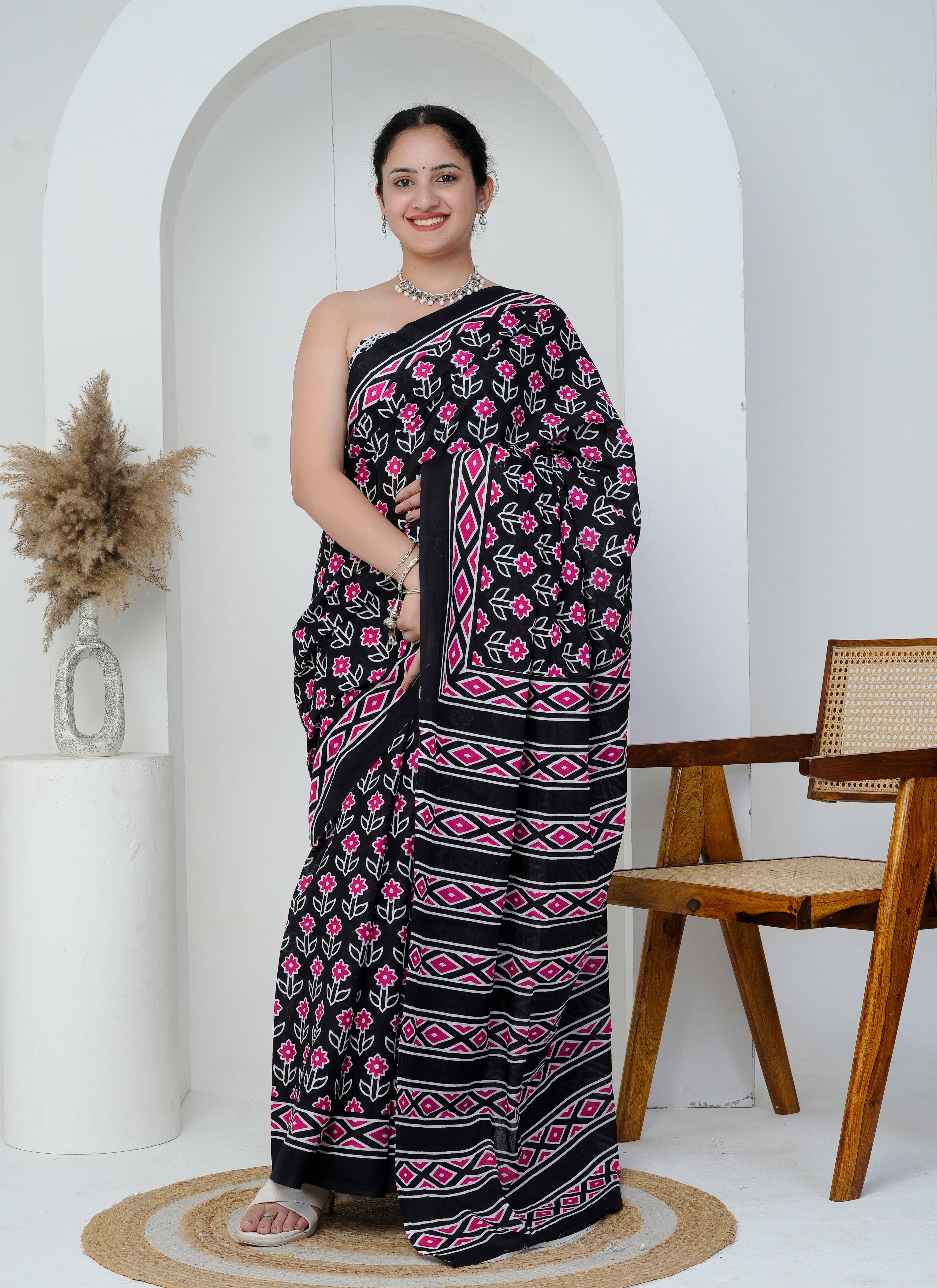 Black and Pink Floral Cotton Saree